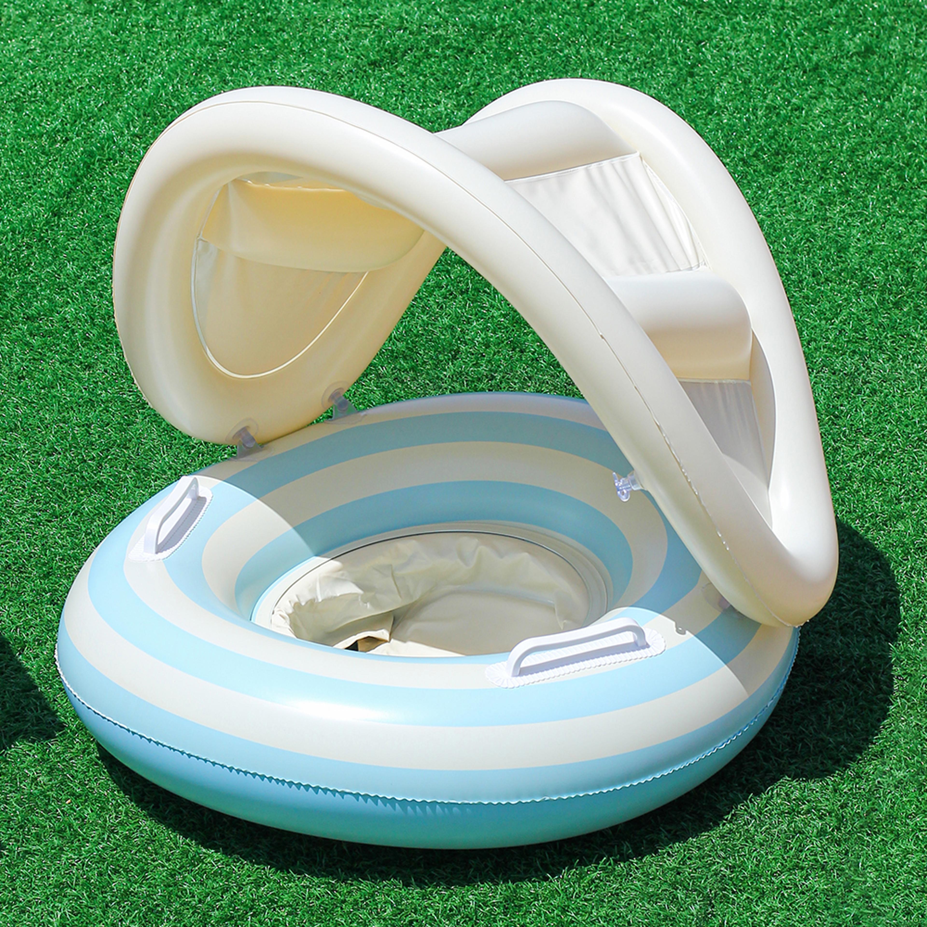 retro inflatable pool float with sunshade & handles thick floating swim ring for summer relaxation