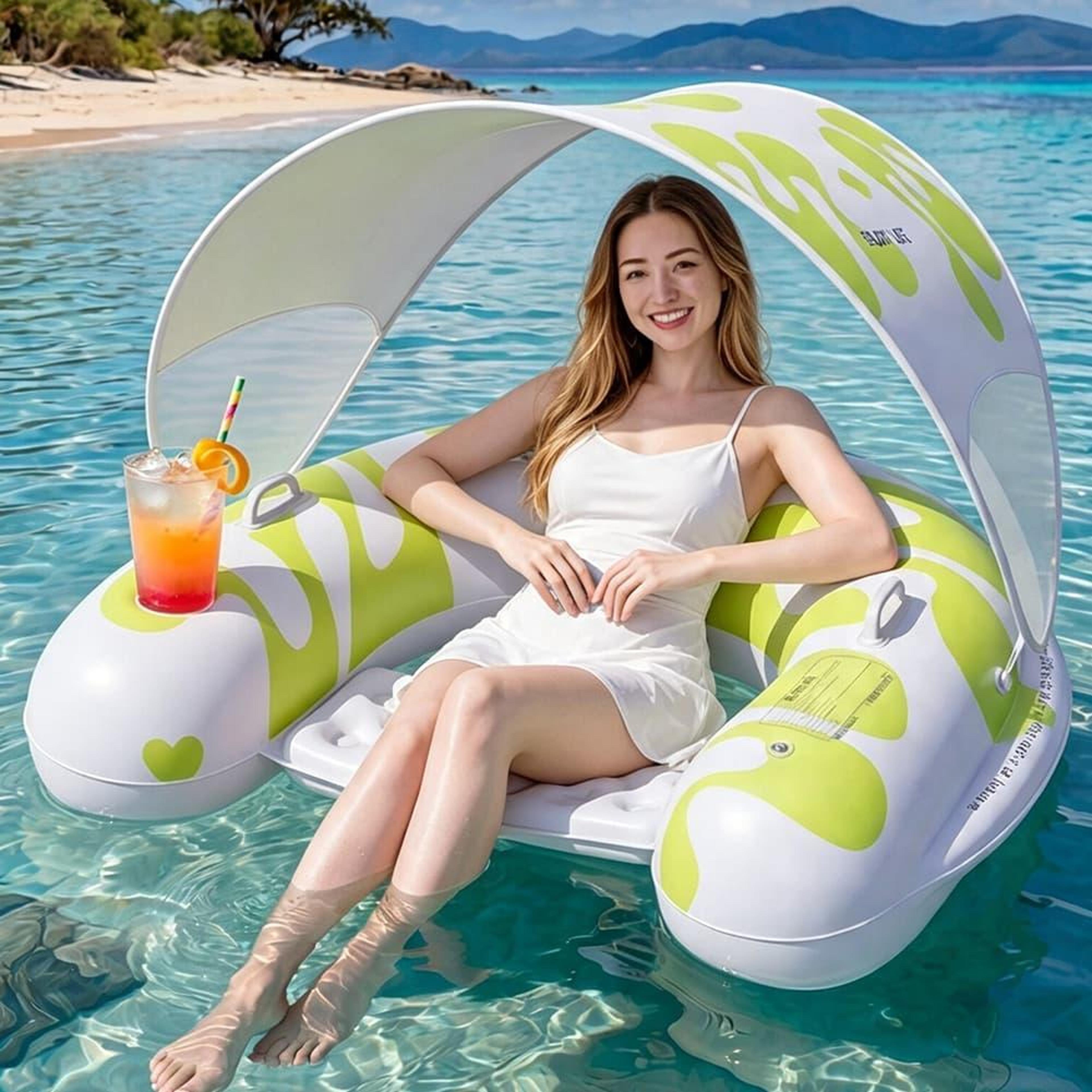inflatable pool float with canopy & cup holder portable floating lounger pool lounge chair
