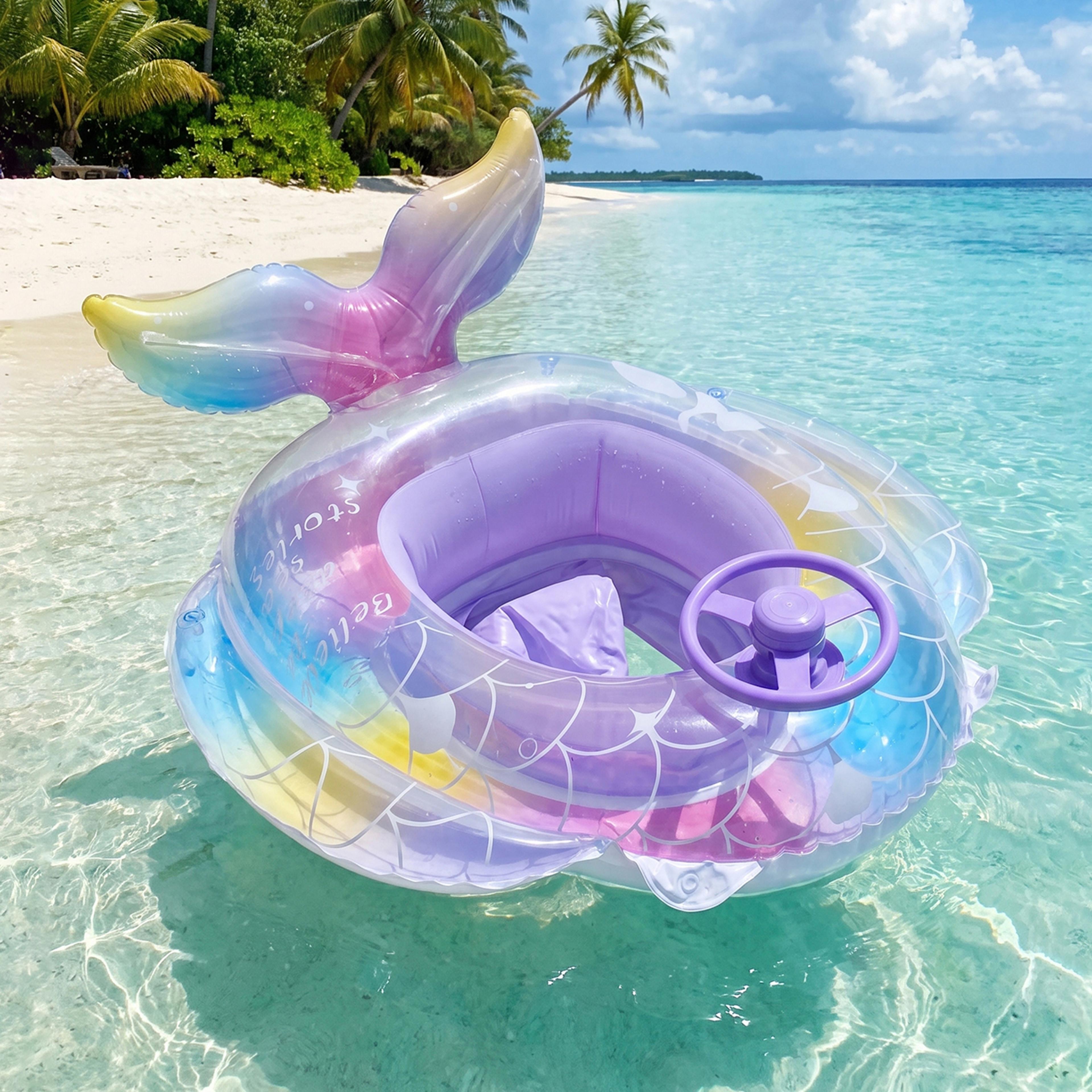 rainbow mermaid pool float with steering wheel glitter inflatable pool seat for kids summer fun