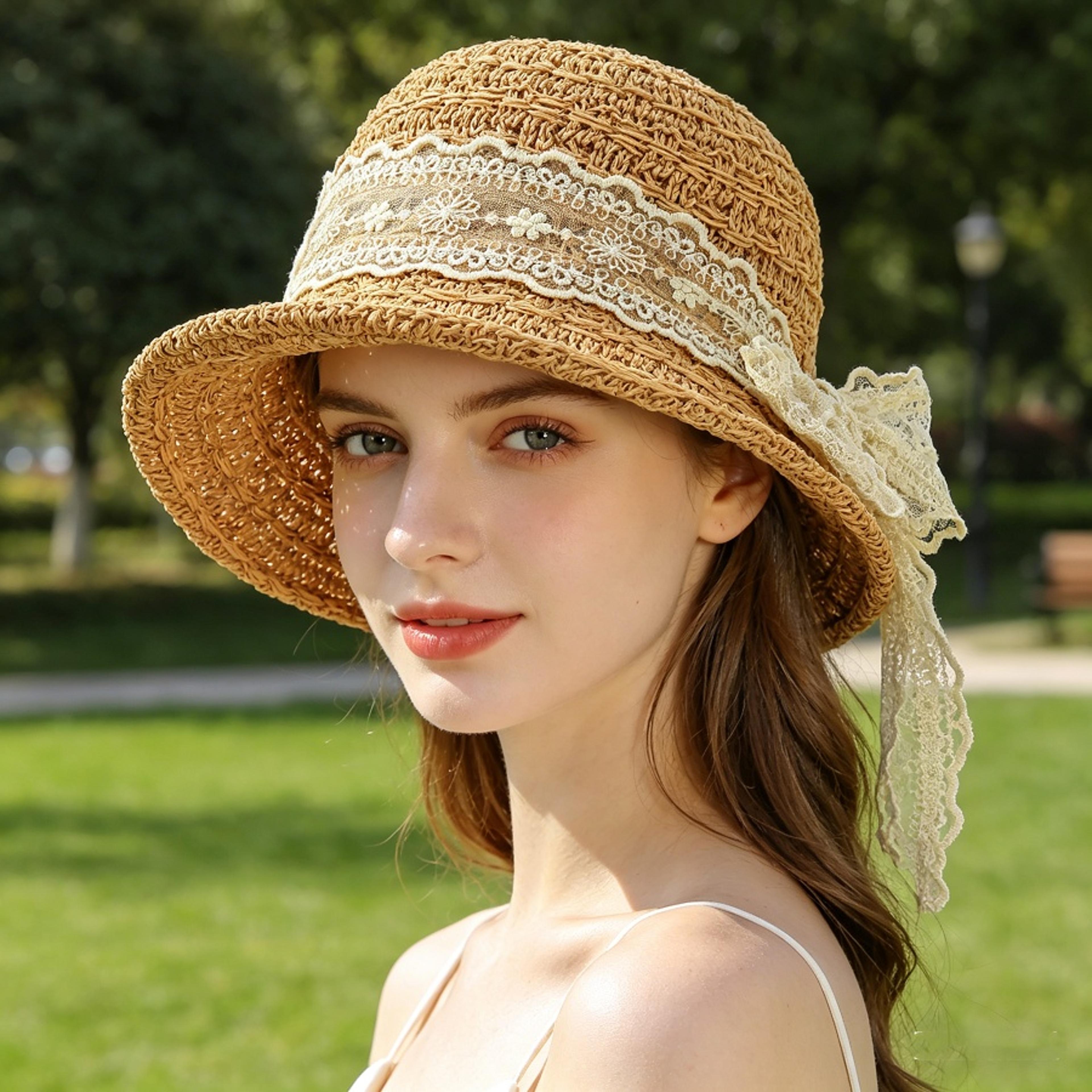 elegant women's sun hat with lace bow foldable straw sun hat for beach, travel & everyday wear
