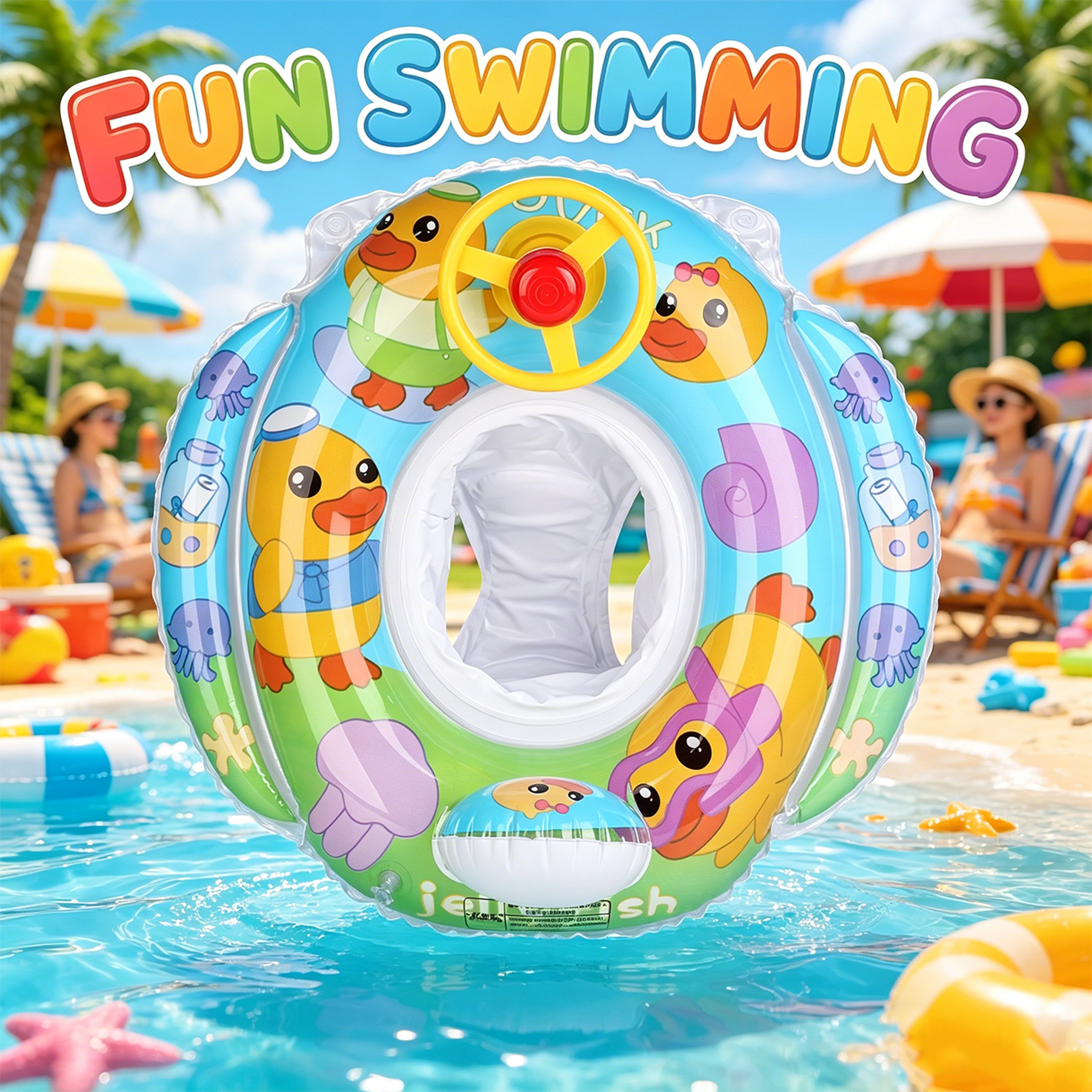 kids inflatable pool float with steering wheel comfortable pvc swimming seat ring for summer pool & beach