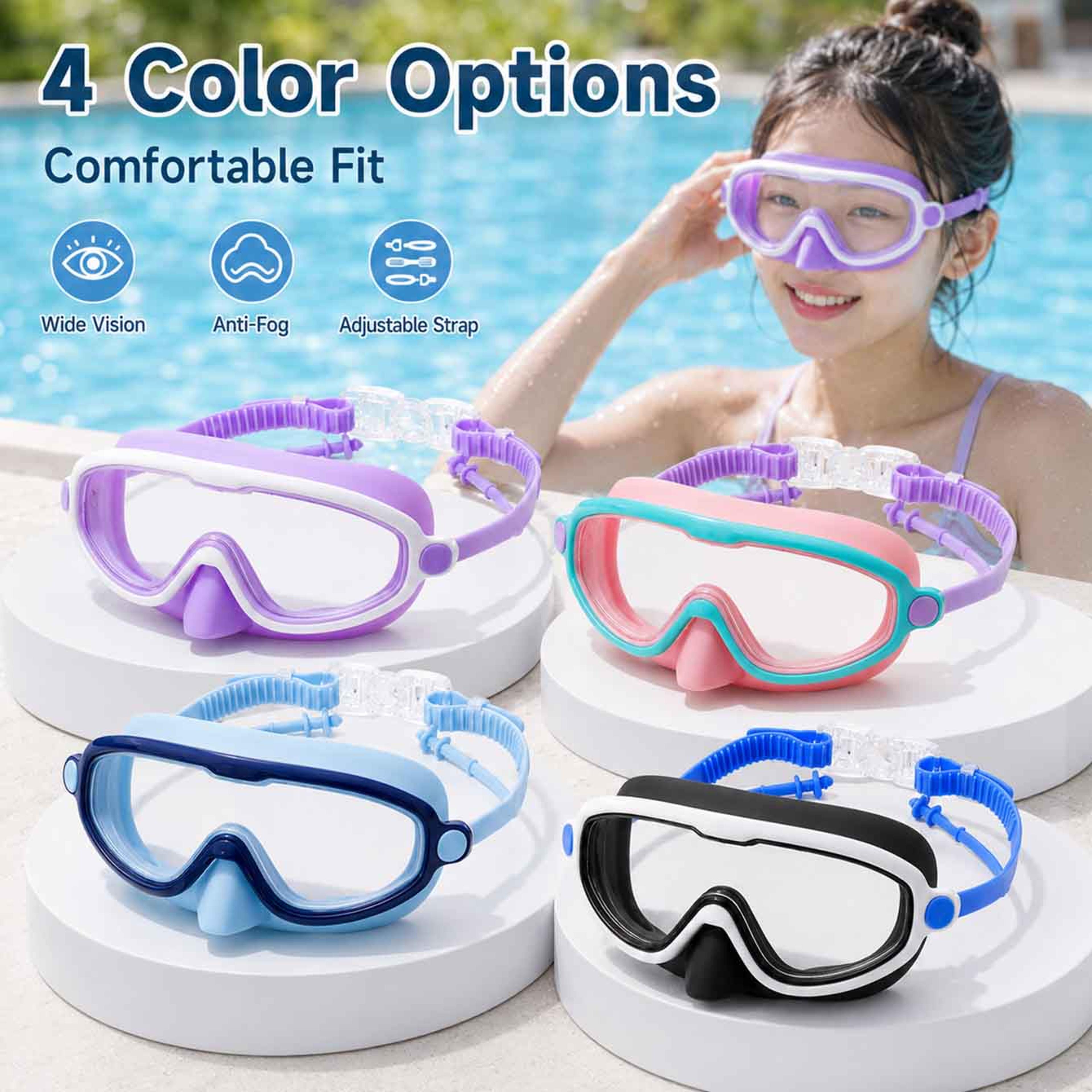 crystal clear wide view swim goggles with nose cover, anti fog uv protection swimming mask