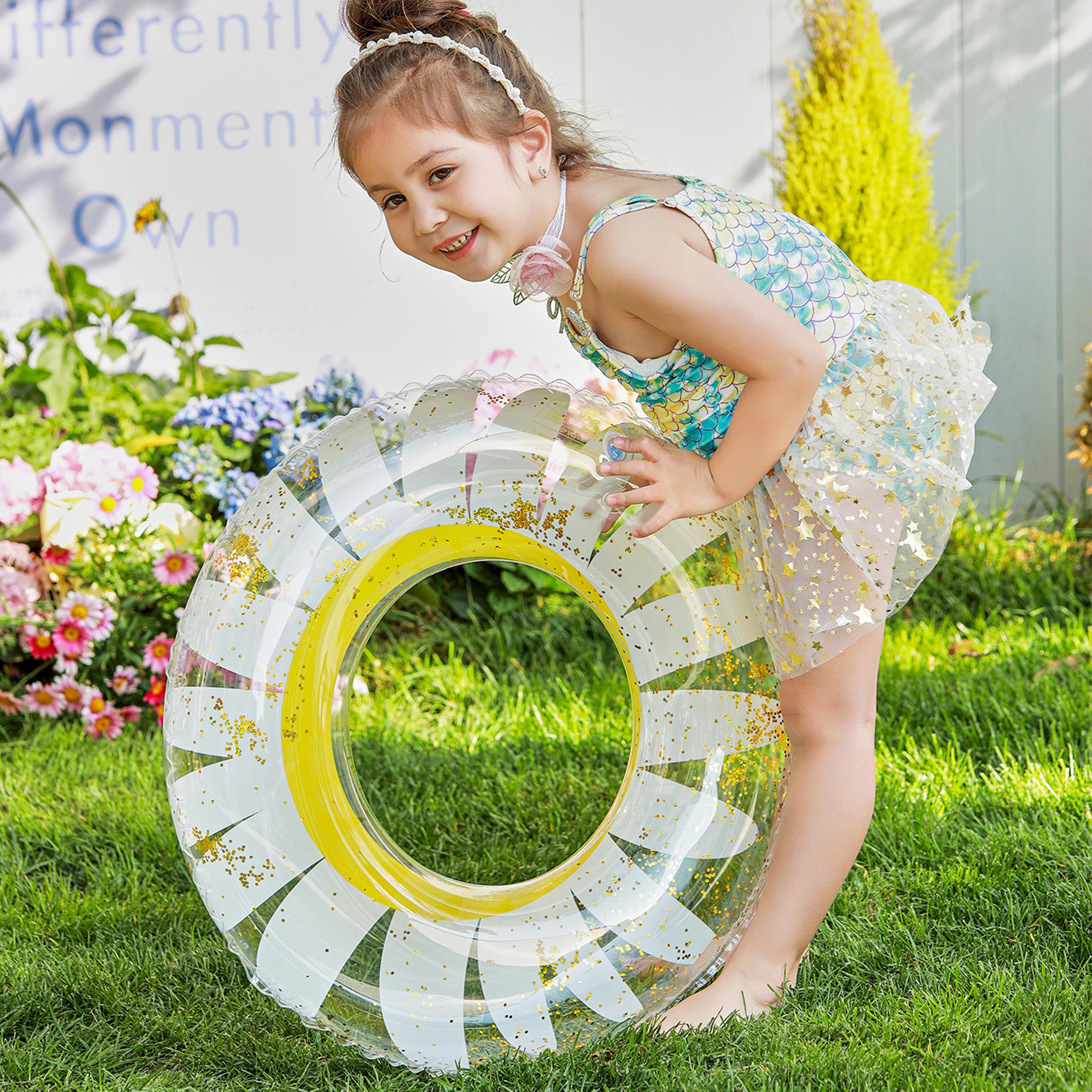 sunflower inflatable pool float transparent glitter adult swim ring for pool & beach fun
