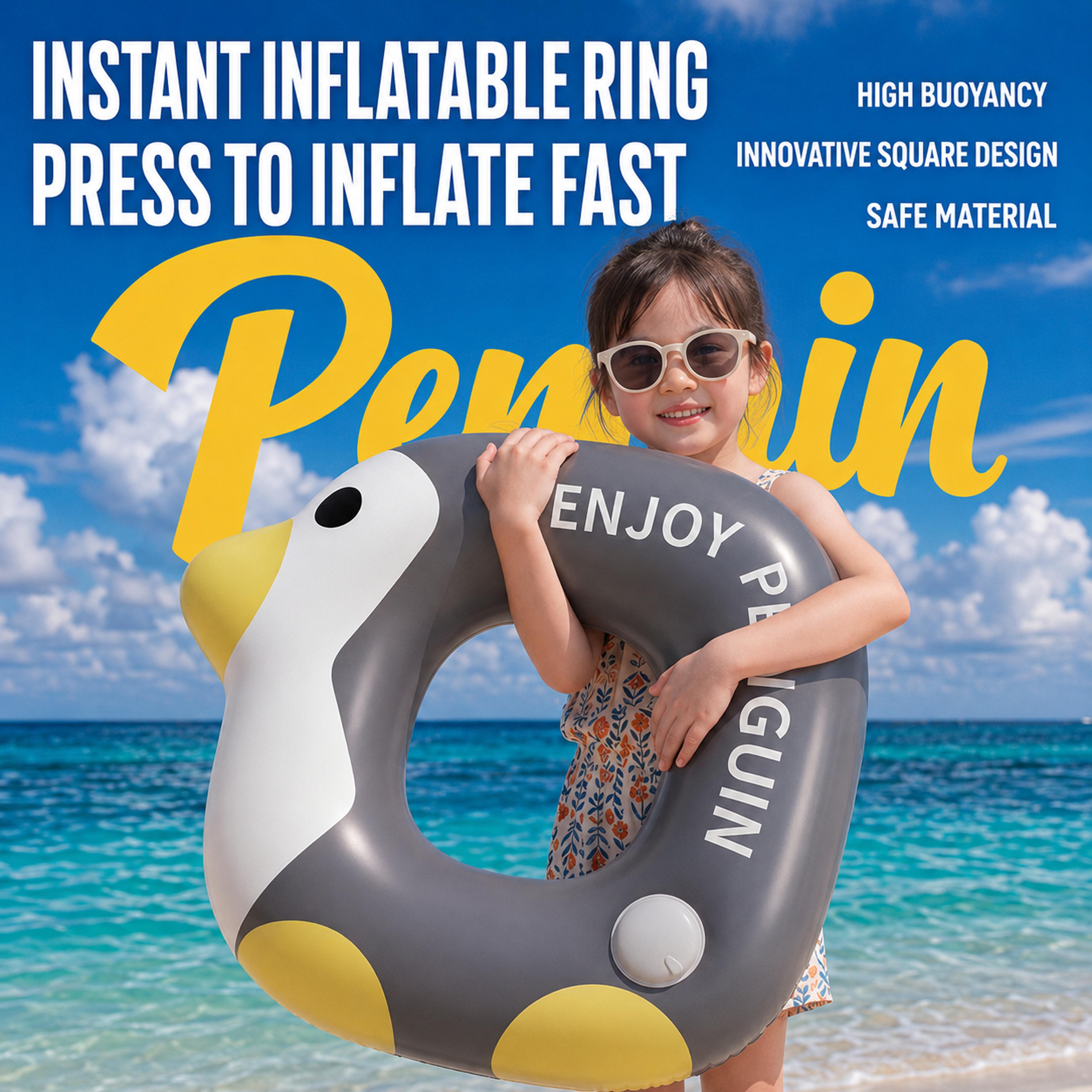 duck & penguin inflatable swim ring with built in pump | anti leak pool float for kids & summer fun