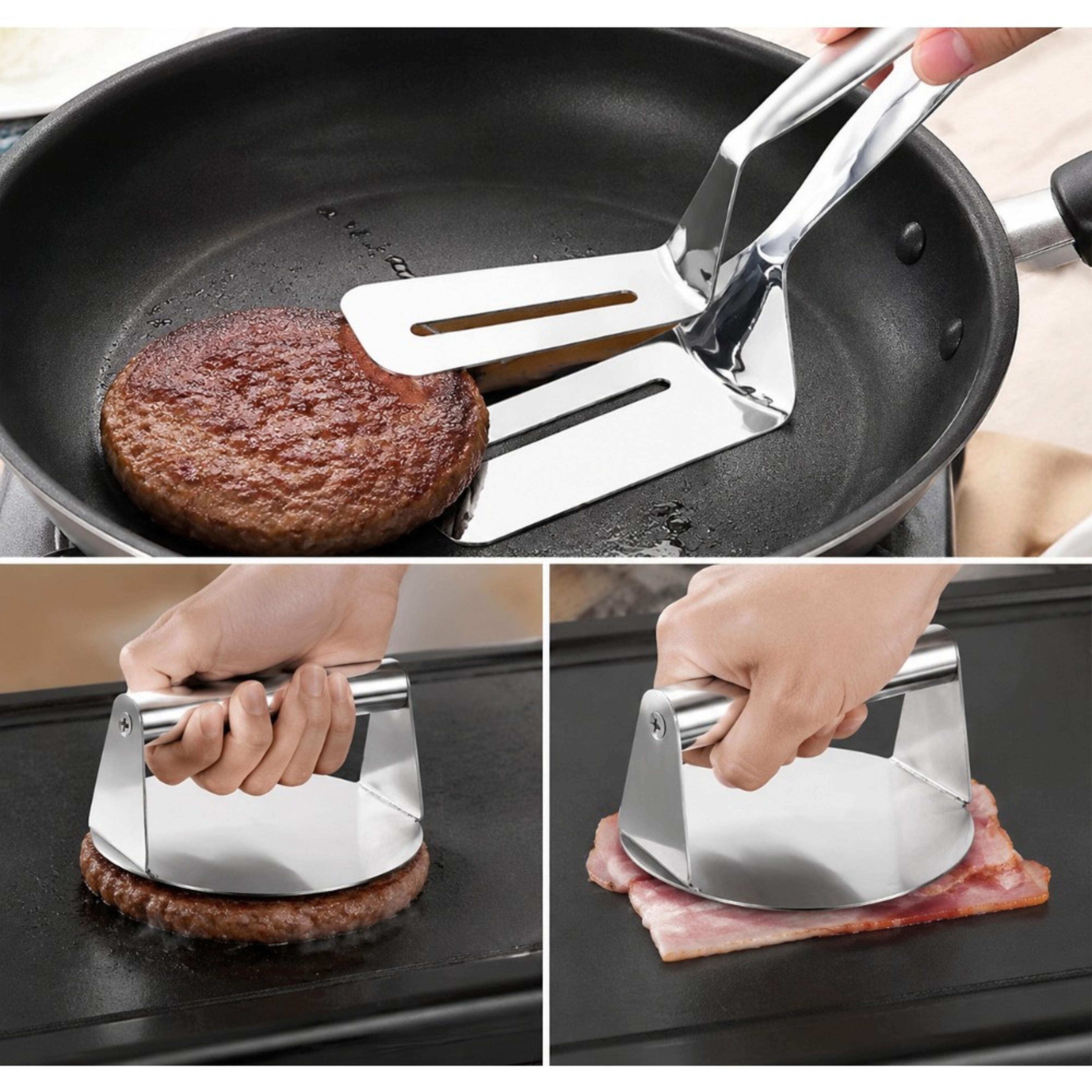 heavy duty stainless steel burger press & steak tongs set burger smasher for griddle & bbq