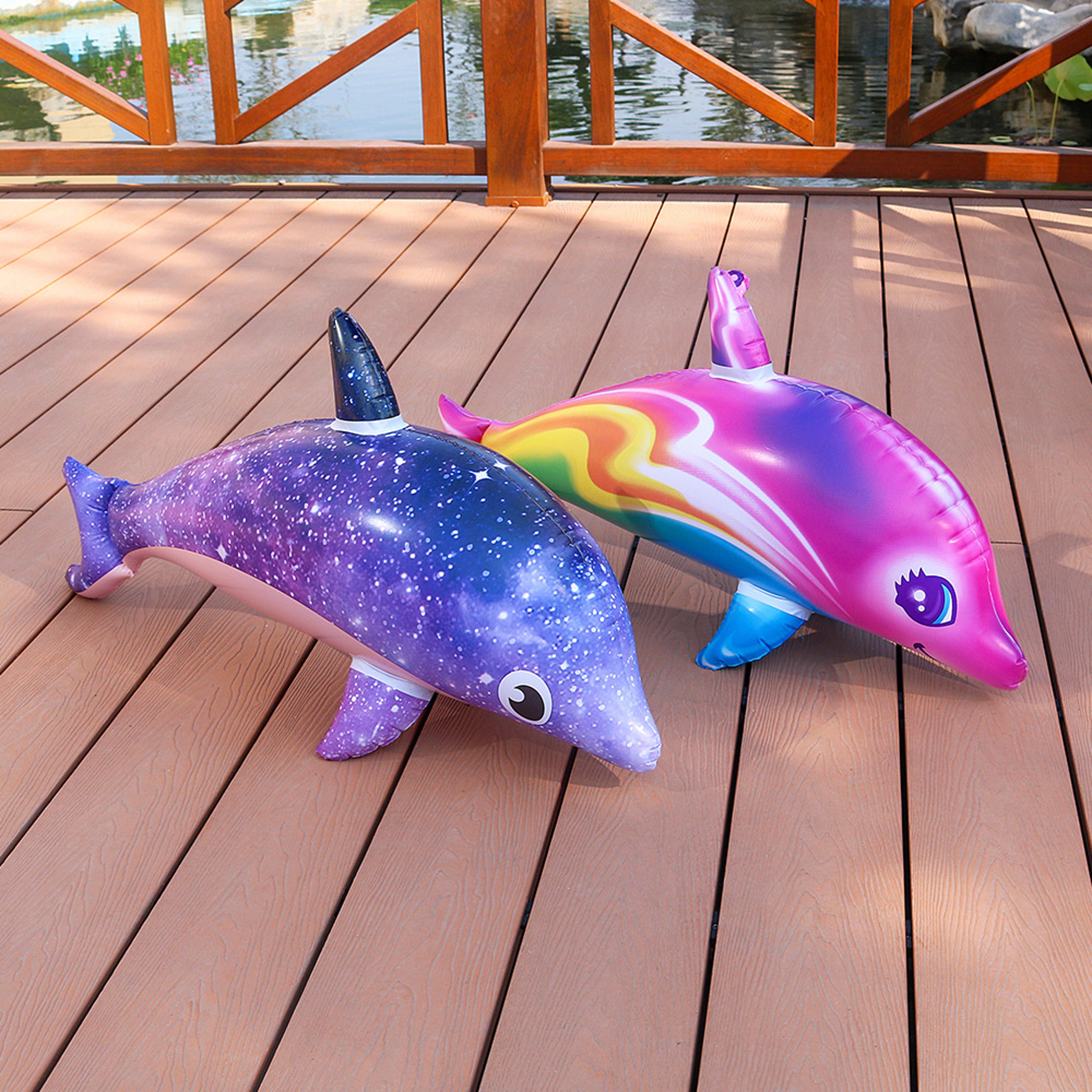 rainbow inflatable dolphin pool float toy for beach, pool & ocean party decorations