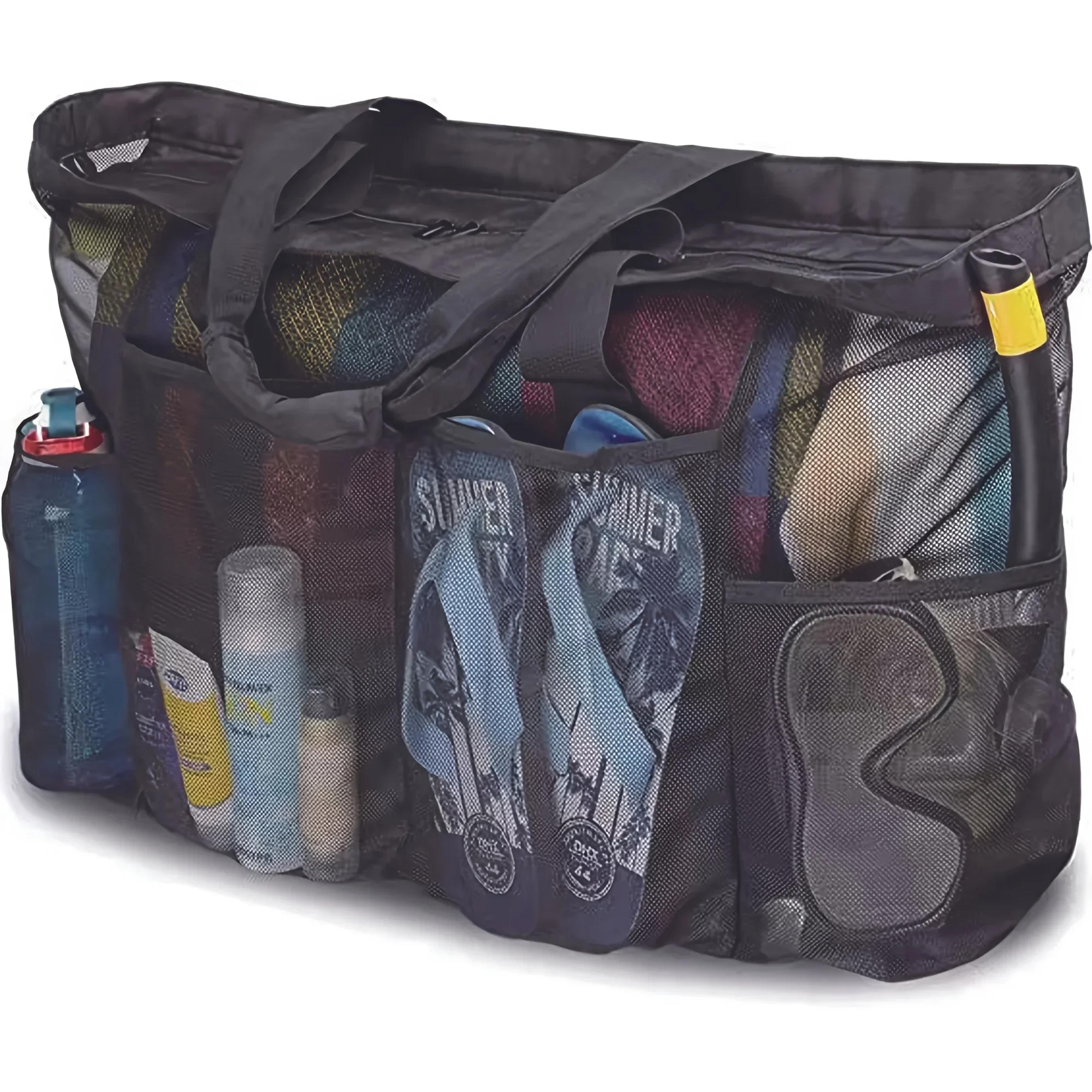 extra large mesh beach bag with zipper & side pockets | large capacity beach organizer tote
