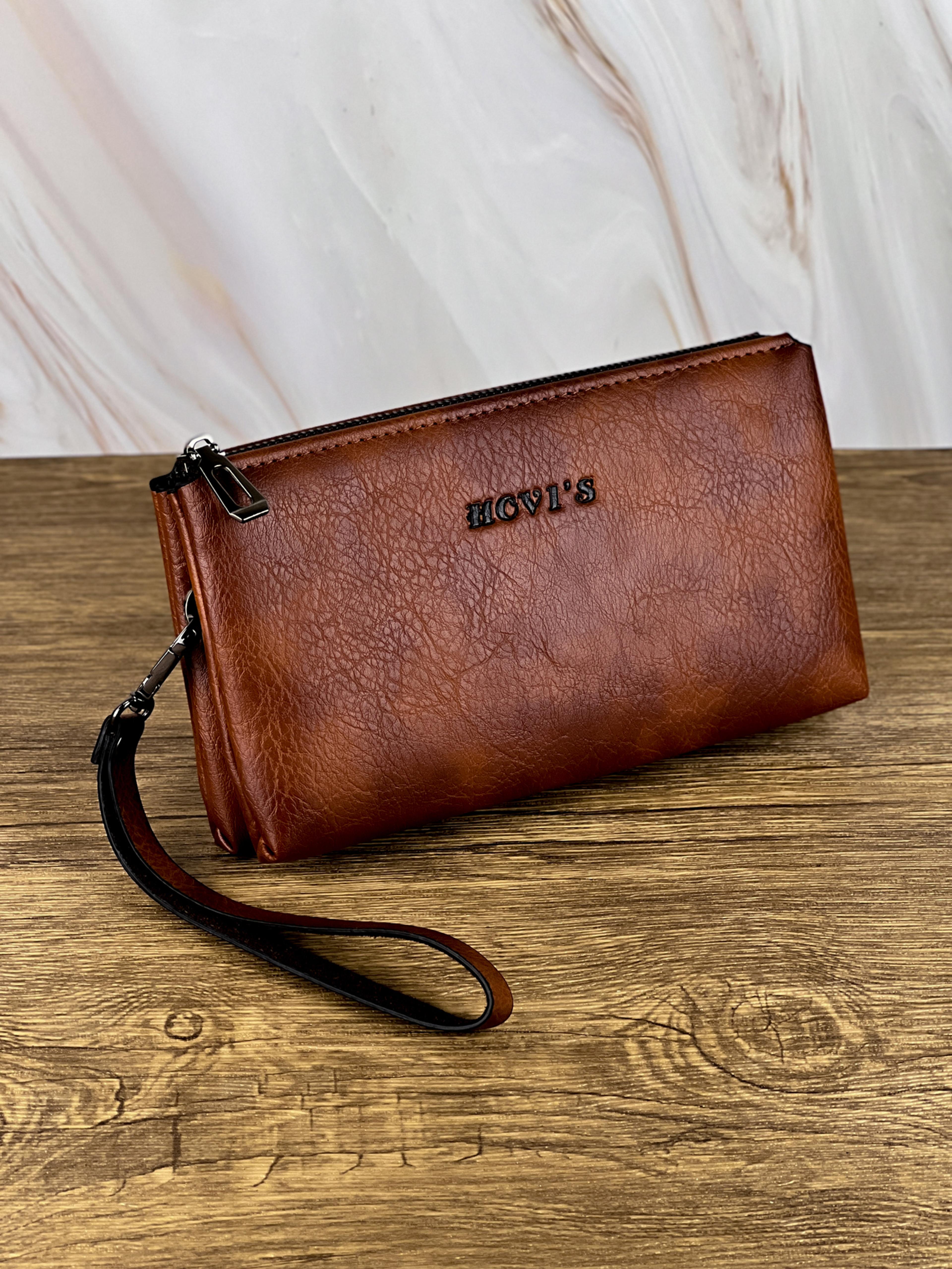 retro mens clutch wallet large capacity double zipper business clutch bag for everyday carry