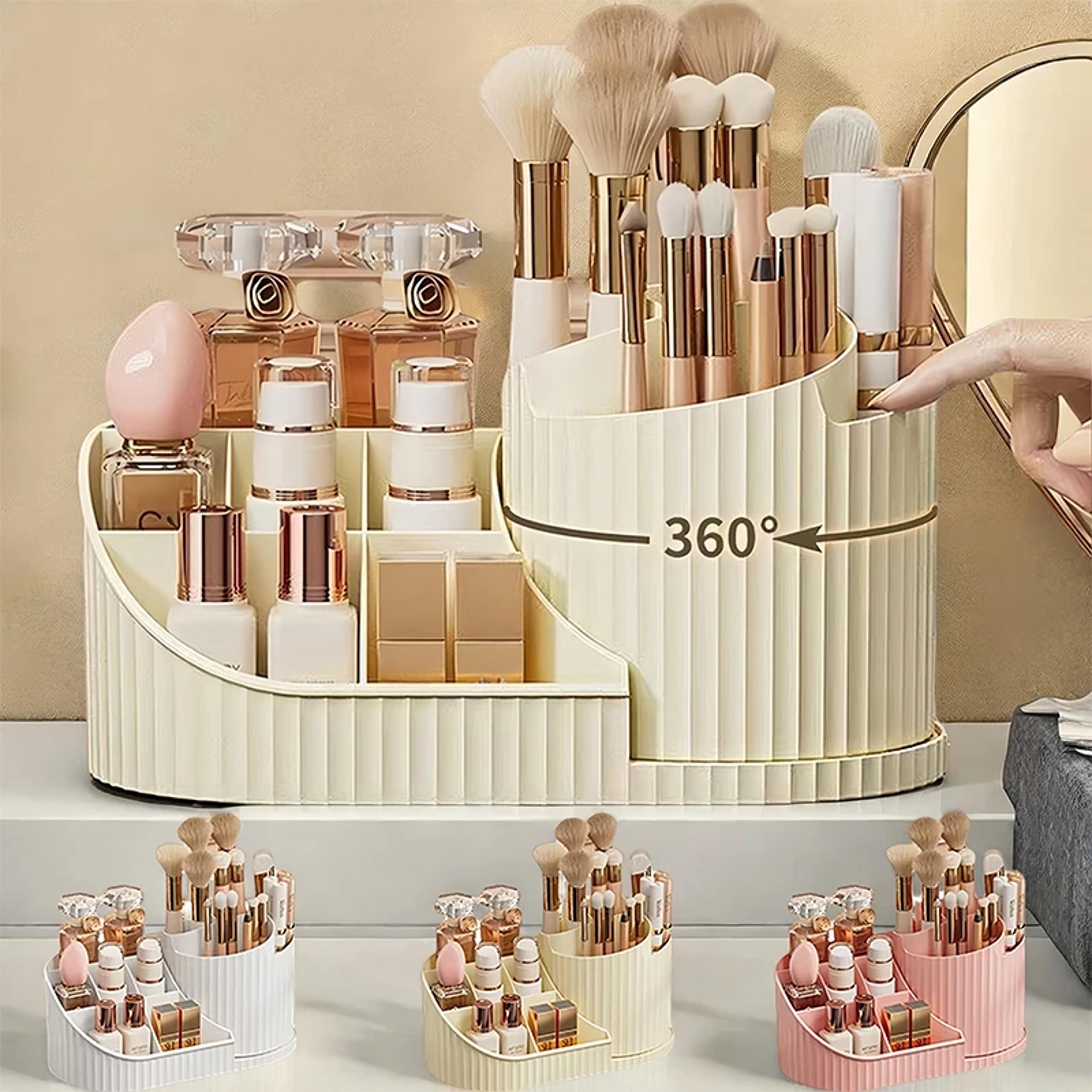 rotating makeup organizer with brush holder for skincare, perfume & vanity storage