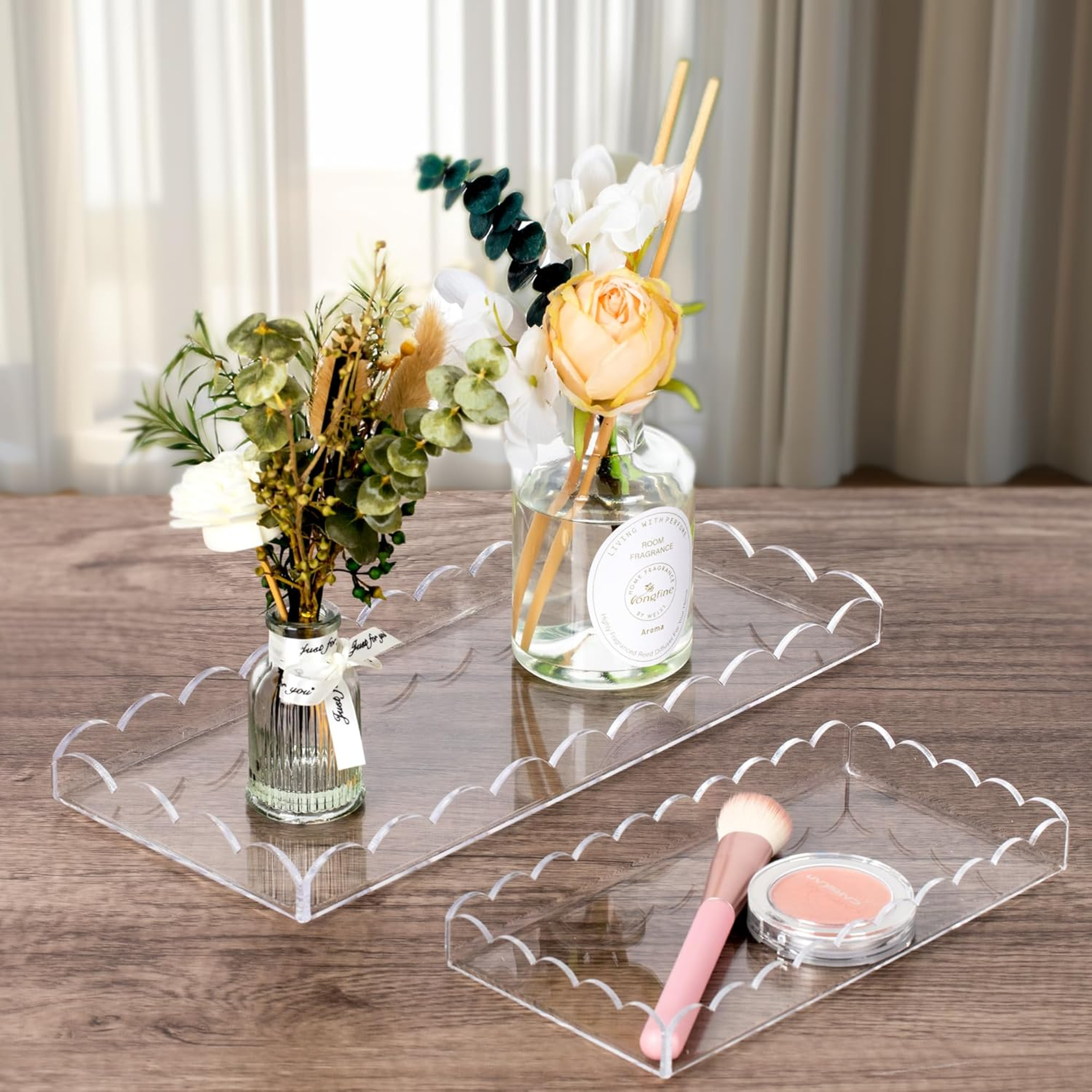clear scalloped acrylic vanity tray for perfume, makeup and bathroom counter organization