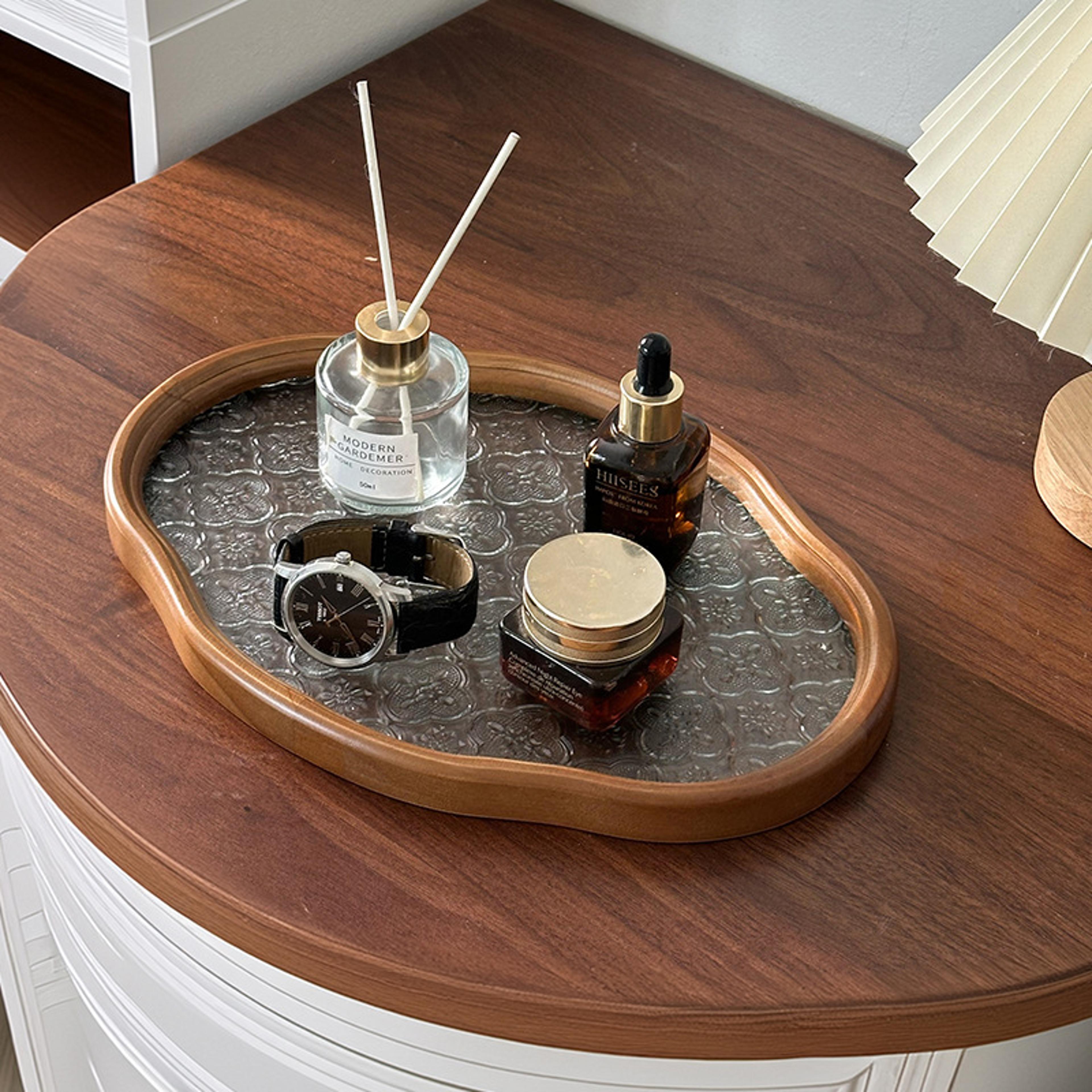 vintage wooden vanity tray with embossed glass, cloud shape perfume and jewelry organizer