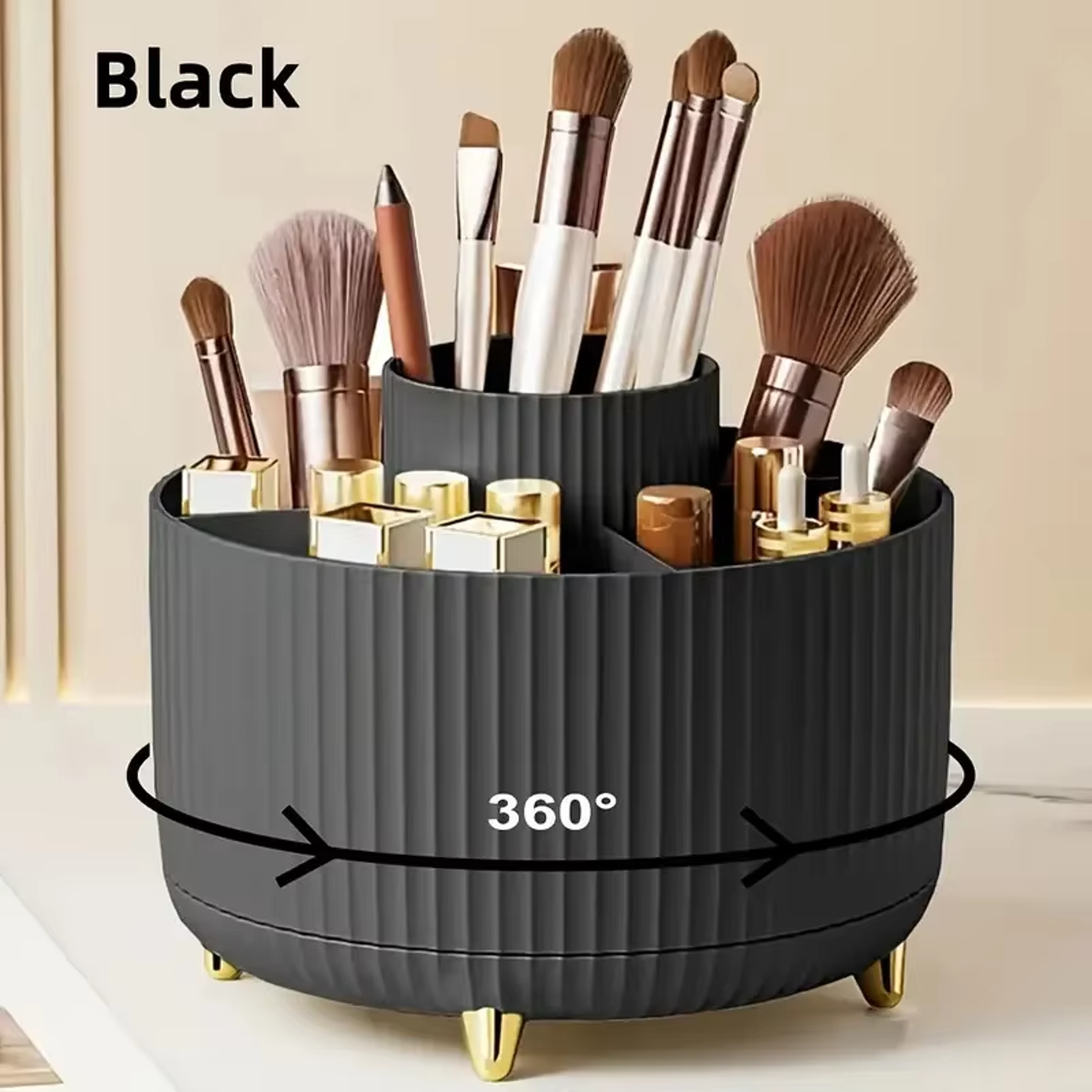 rotating makeup organizer with adjustable storage, brush holder and perfume tray