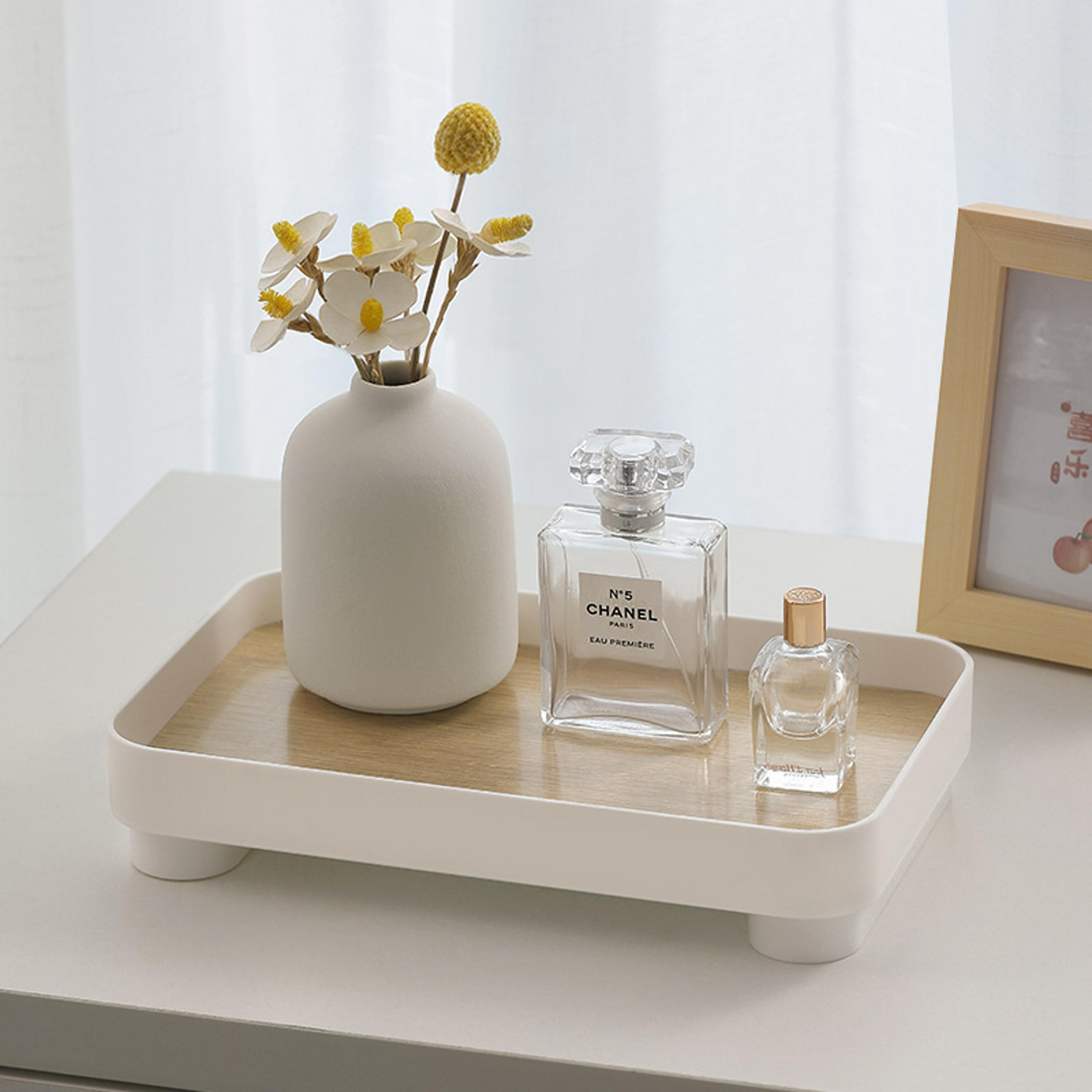 wooden perfume organizer vanity tray and entryway catchall for cosmetics, keys and decor