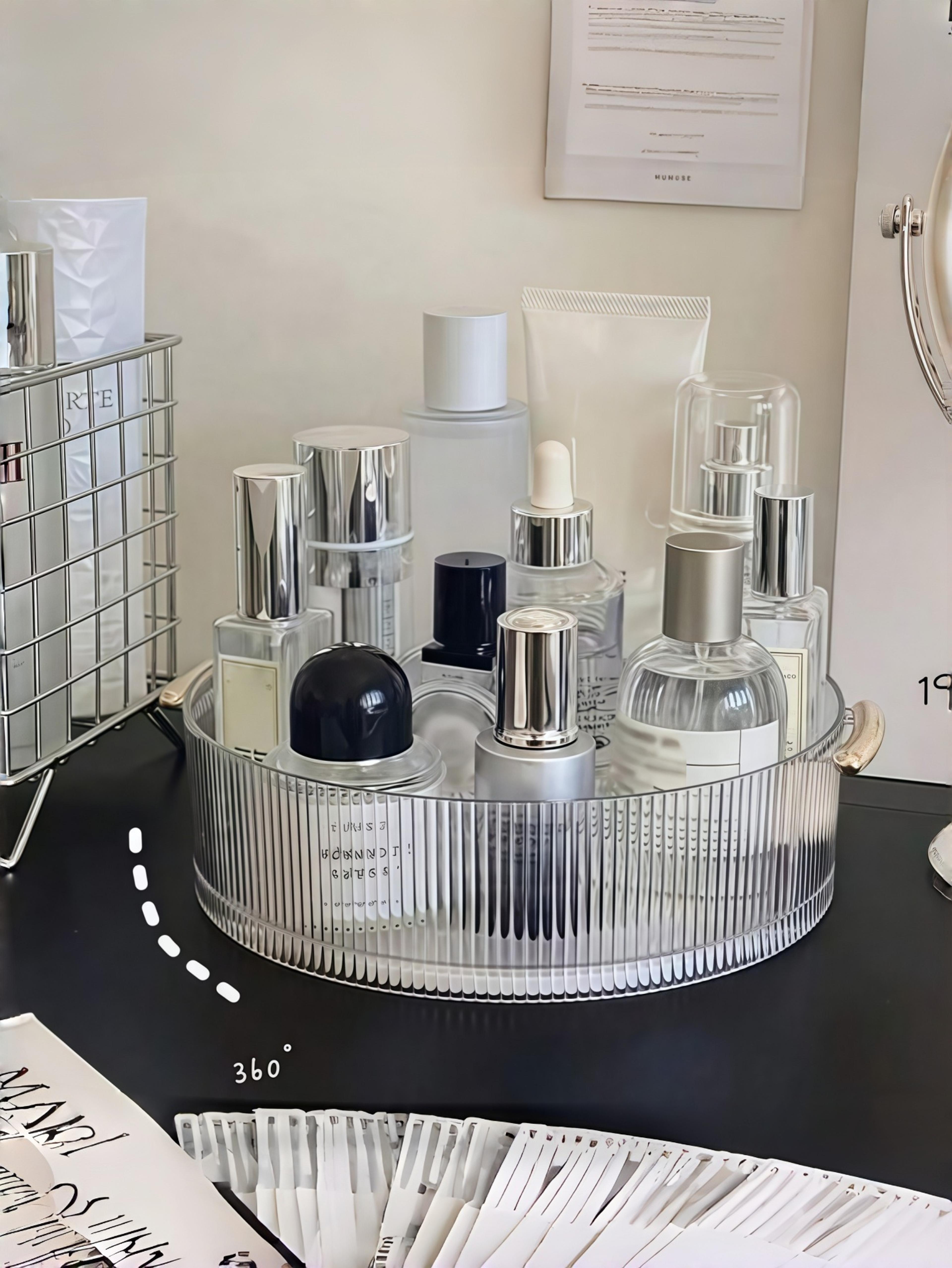 ribbed rotating makeup organizer clear vanity & skincare storage tray