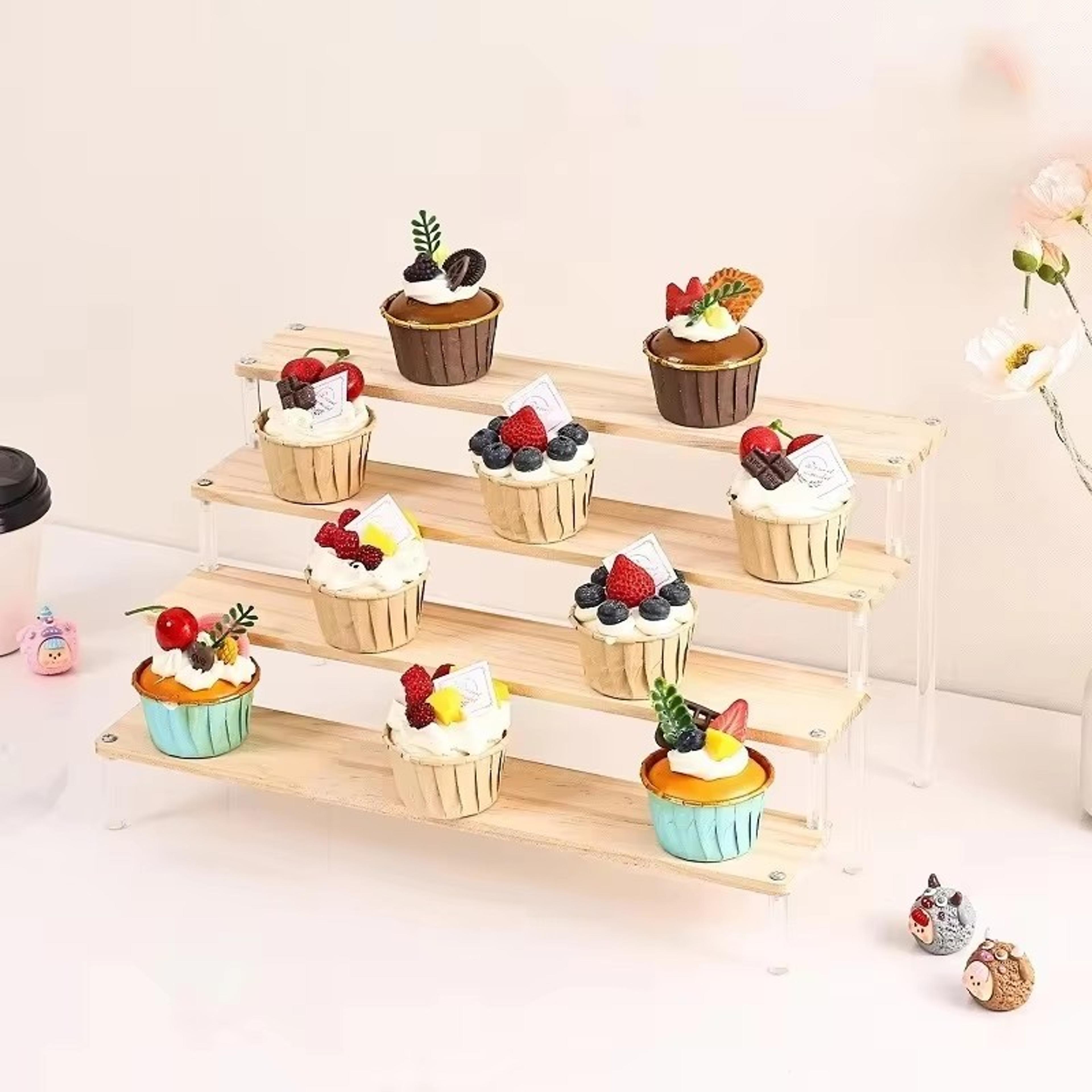 acrylic display stand with wooden shelves tiered display riser for perfume, cupcakes & collectib