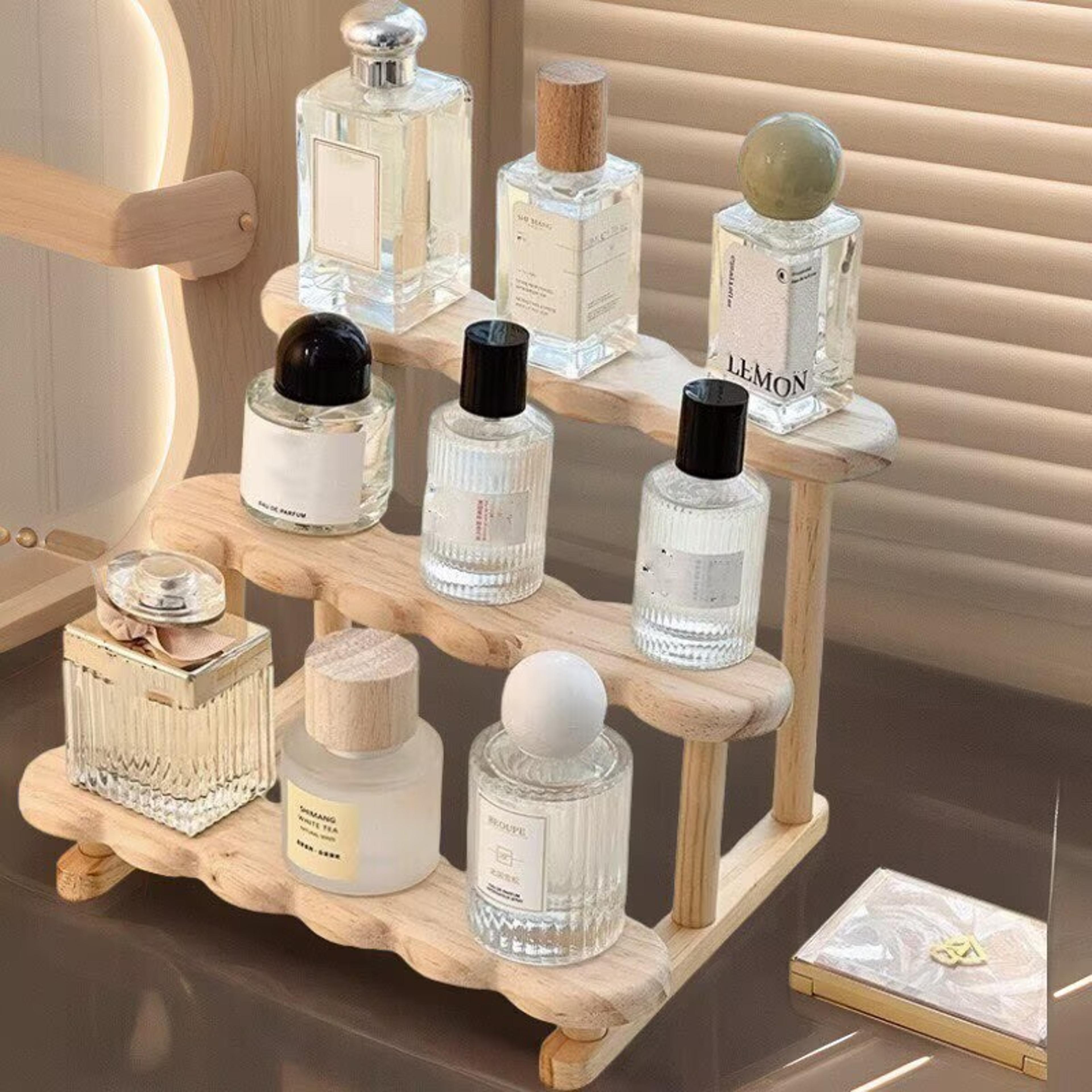 wooden perfume organizer and display riser shelf for fragrances and collectibles