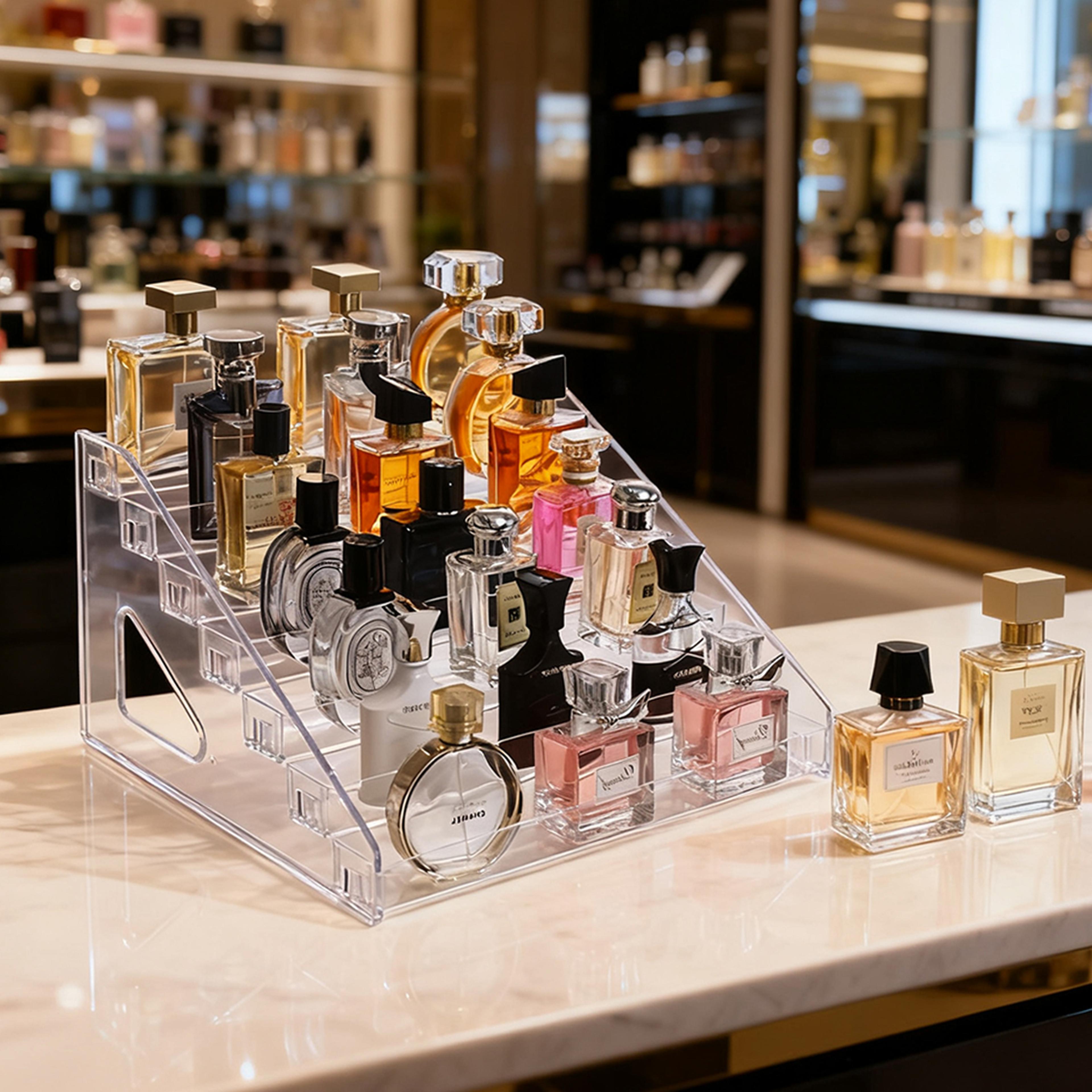 clear tiered perfume display stand and cosmetic organizer for vanity, lipstick and skincare