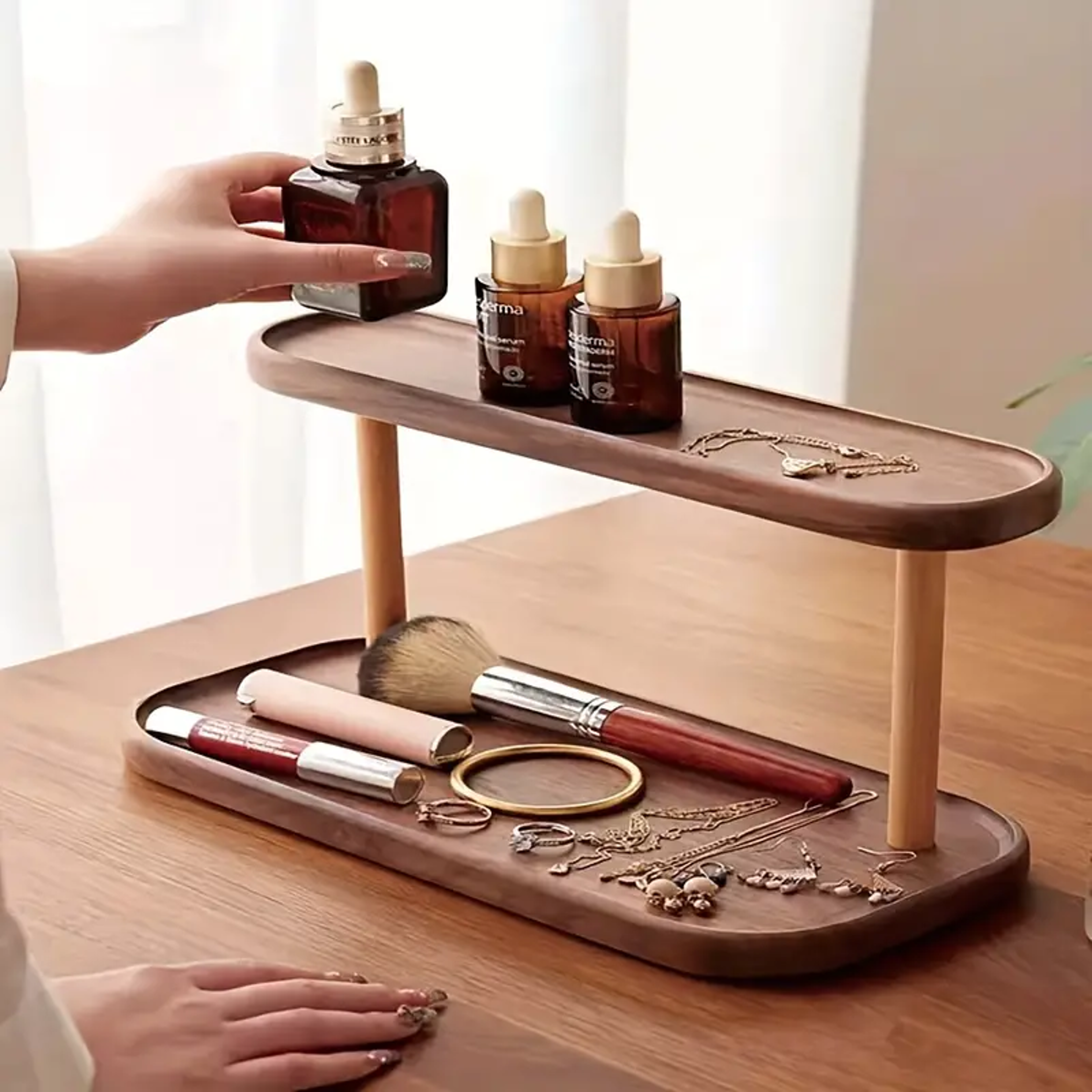 vintage wooden jewelry organizer double layer tabletop storage rack for jewelry and cosmetics