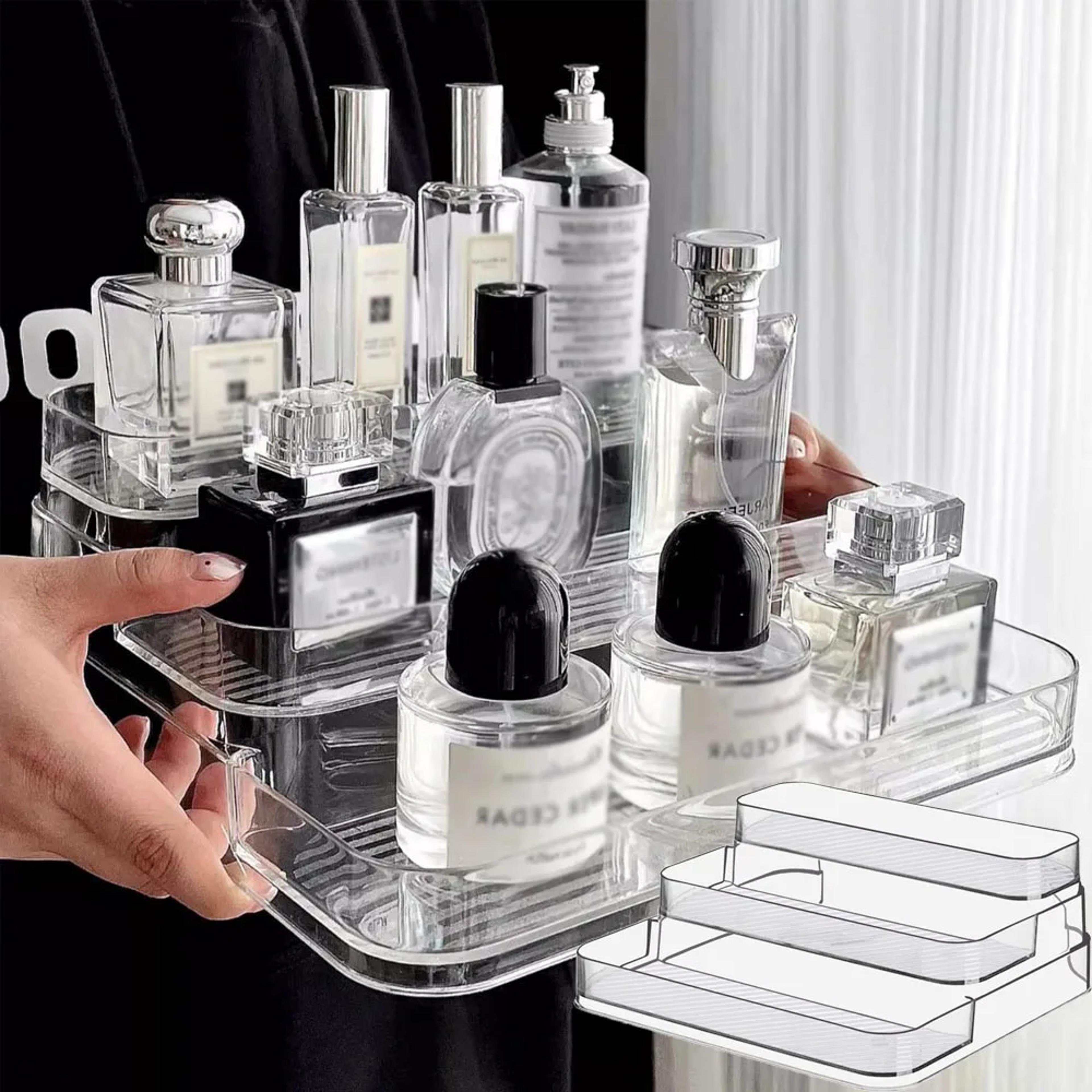 clear perfume organizer and cosmetic storage box for vanity and countertop