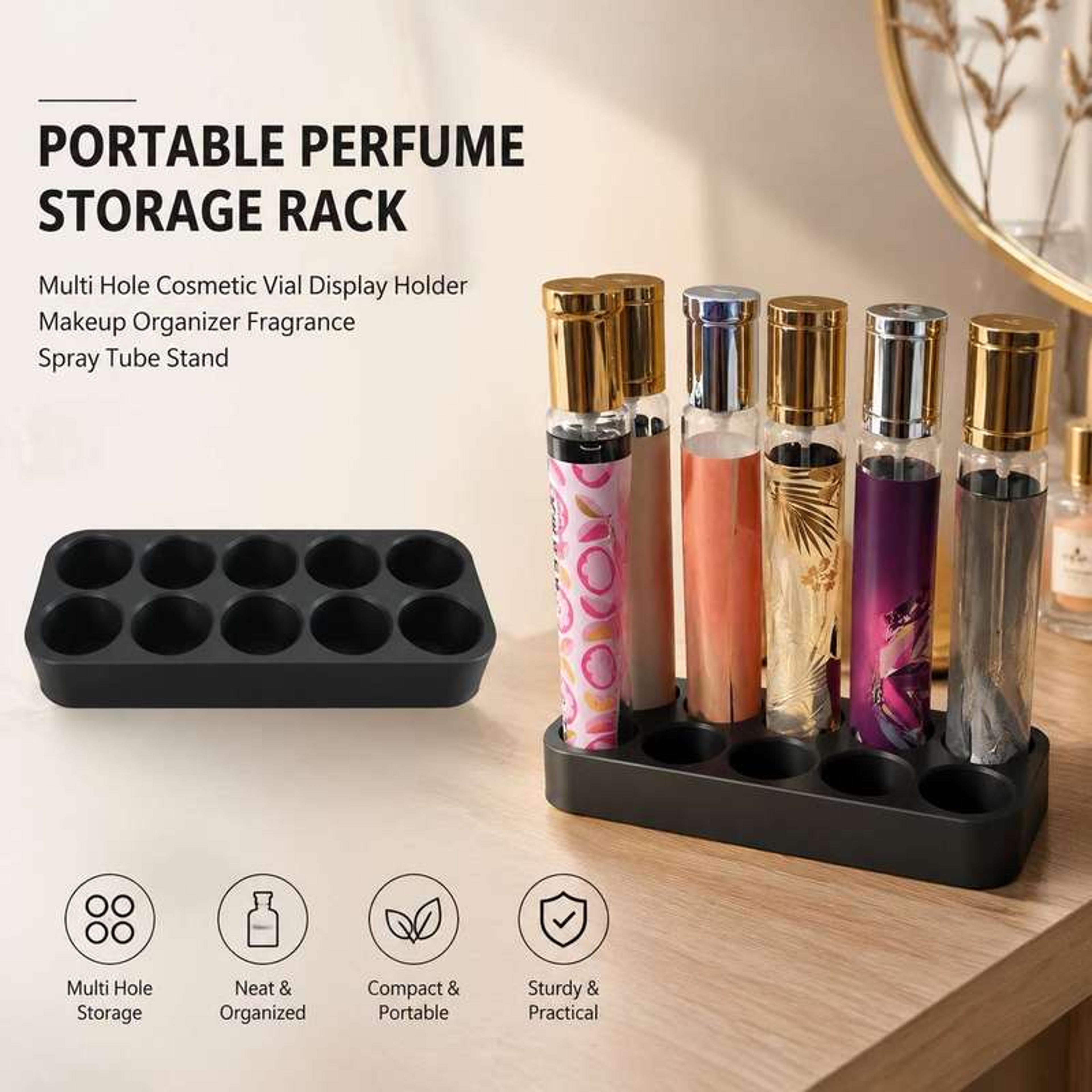 portable perfume sample organizer and fragrance vial holder display stand