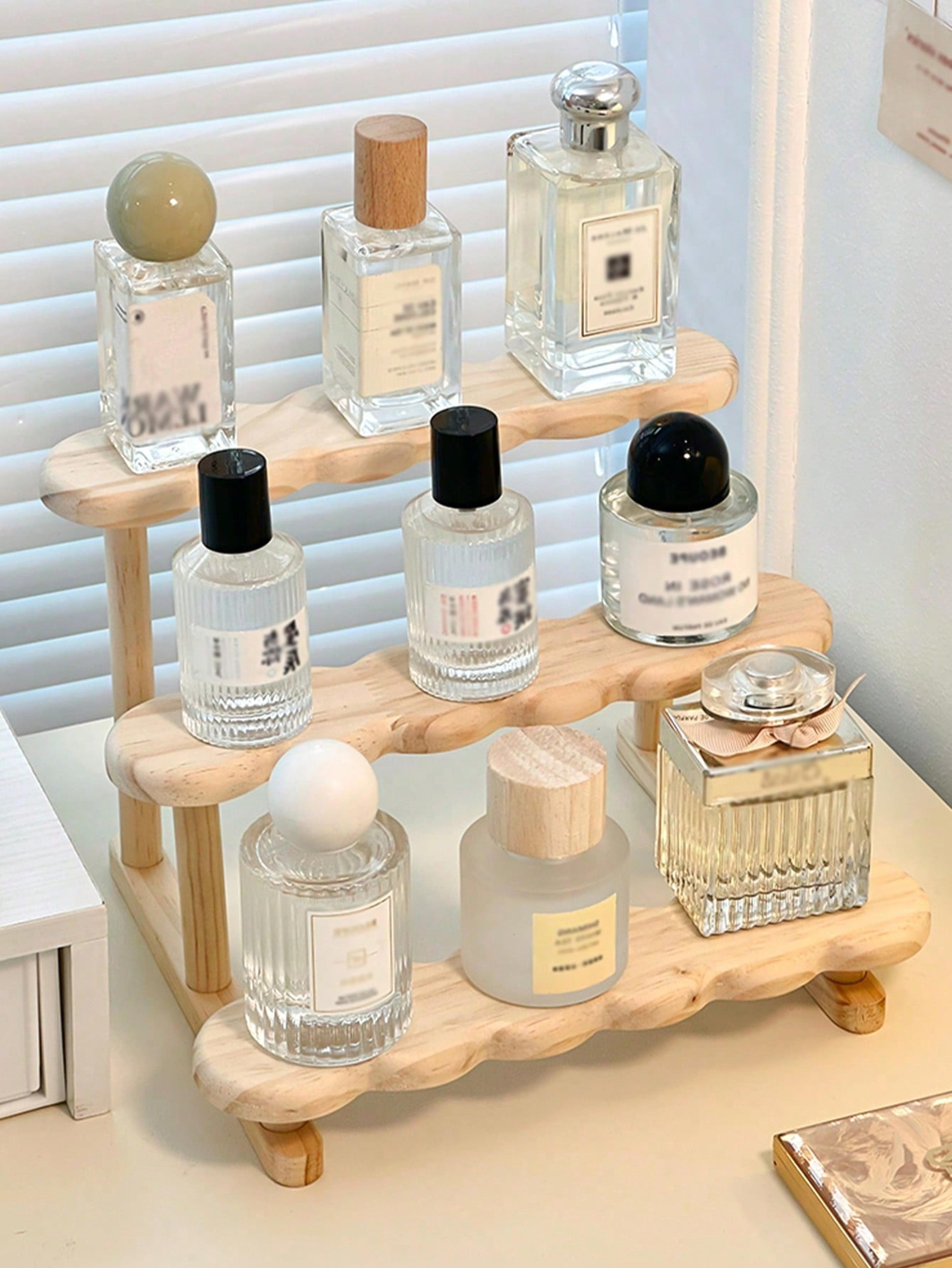 wave wooden perfume display stand multi tier fragrance organizer and cosmetic storage rack