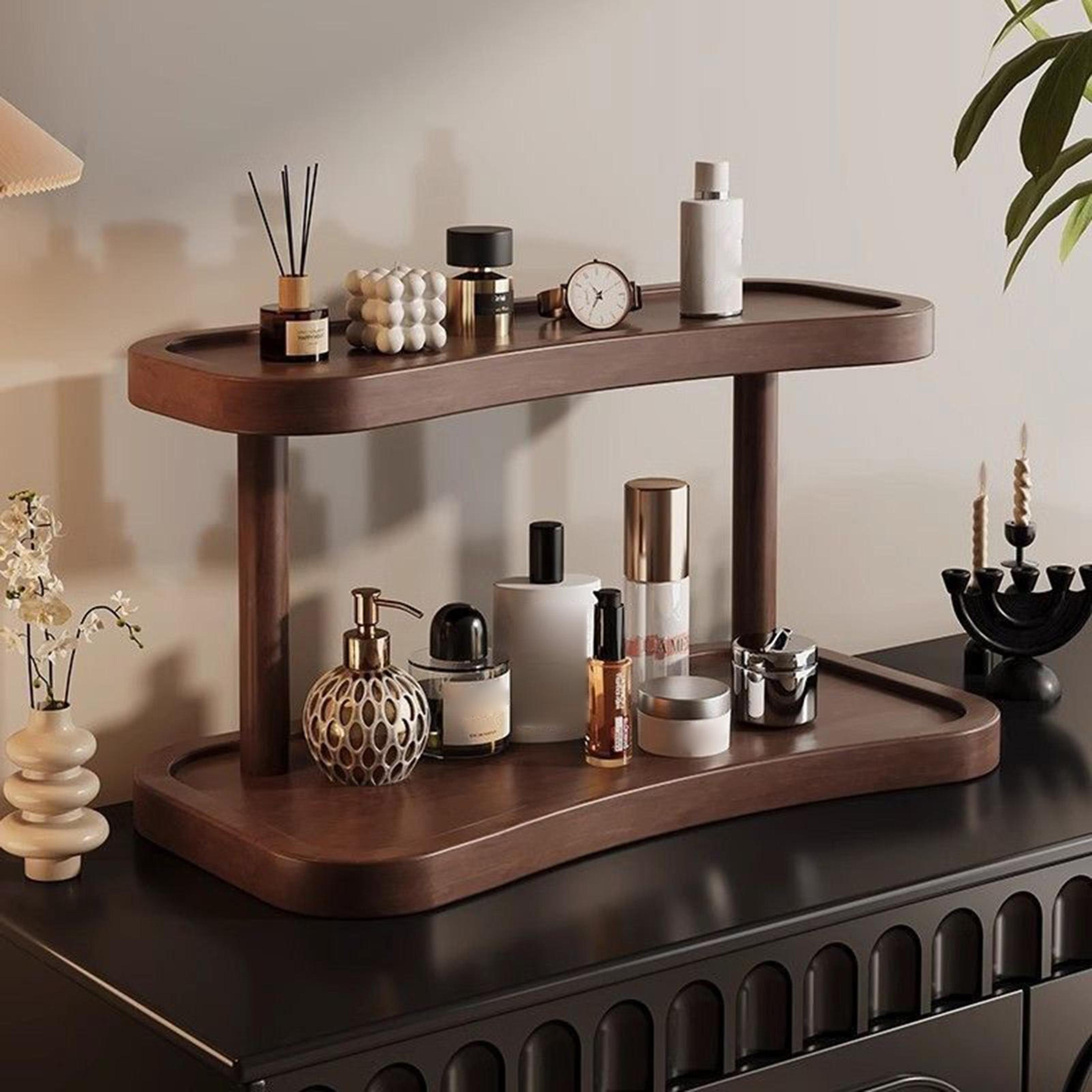 wooden desktop organizer shelf for perfume, makeup and mugs