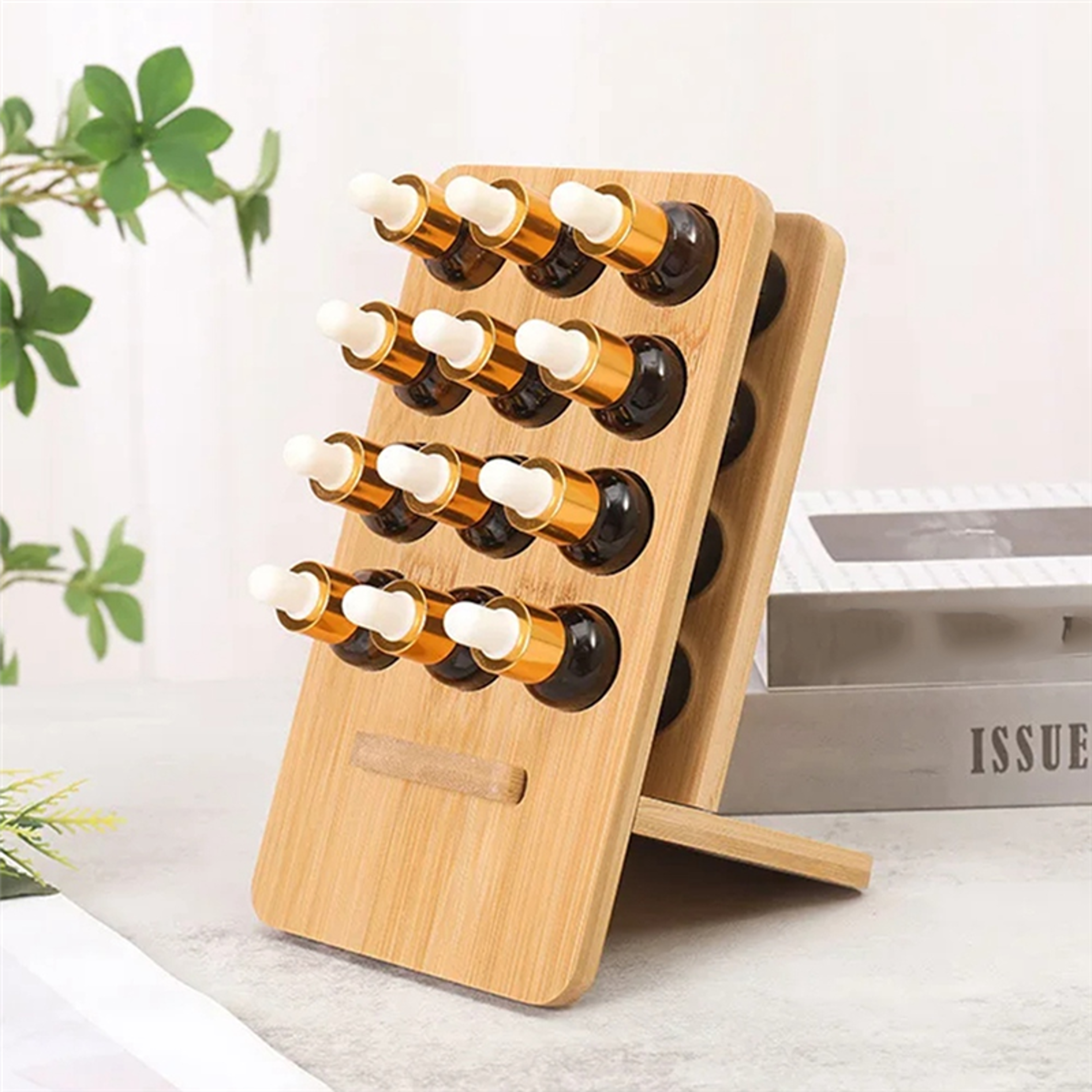 wooden essential oil holder and storage display rack for bottles