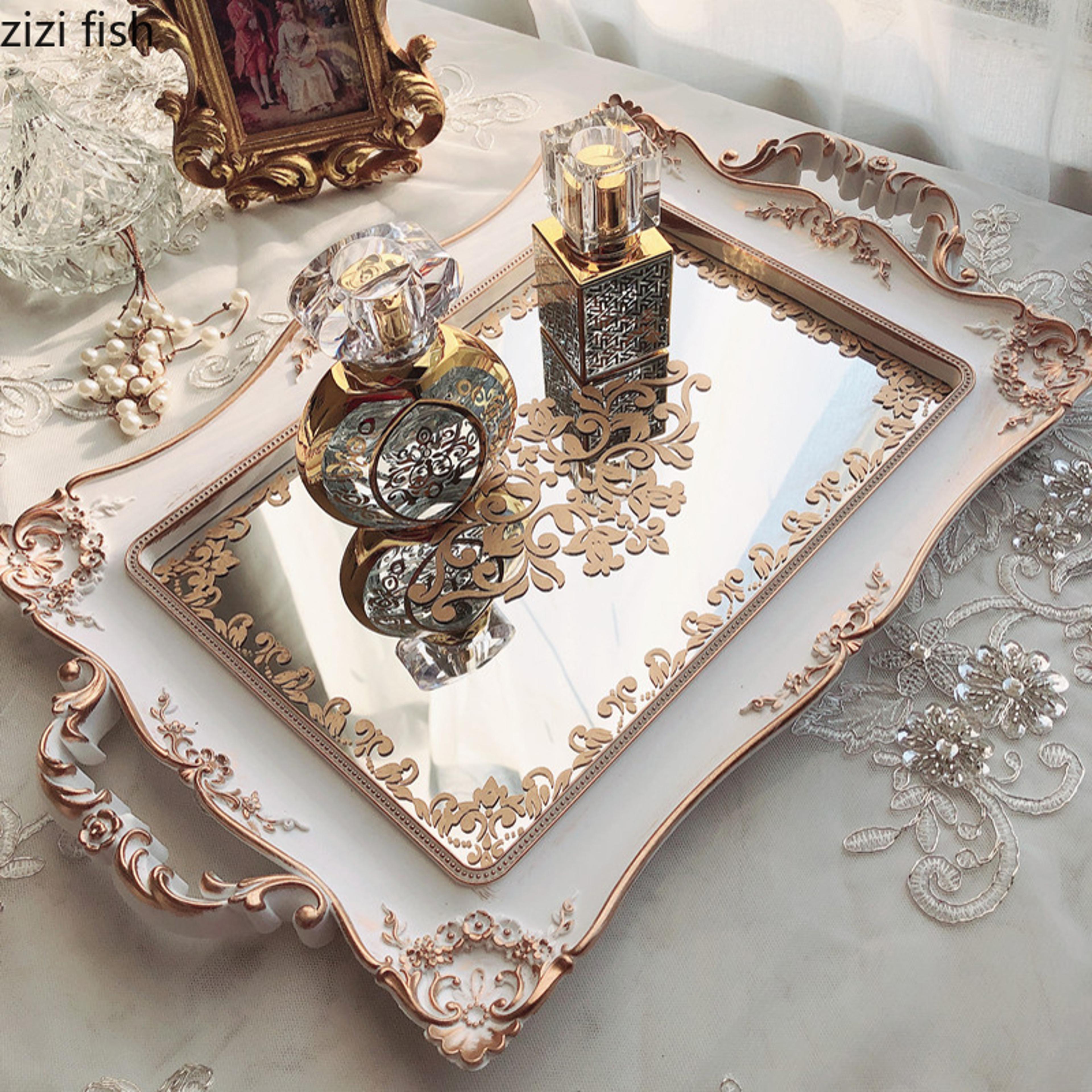 mirror finish vanity organizer tray for cosmetics, jewelry and bathroom essentials