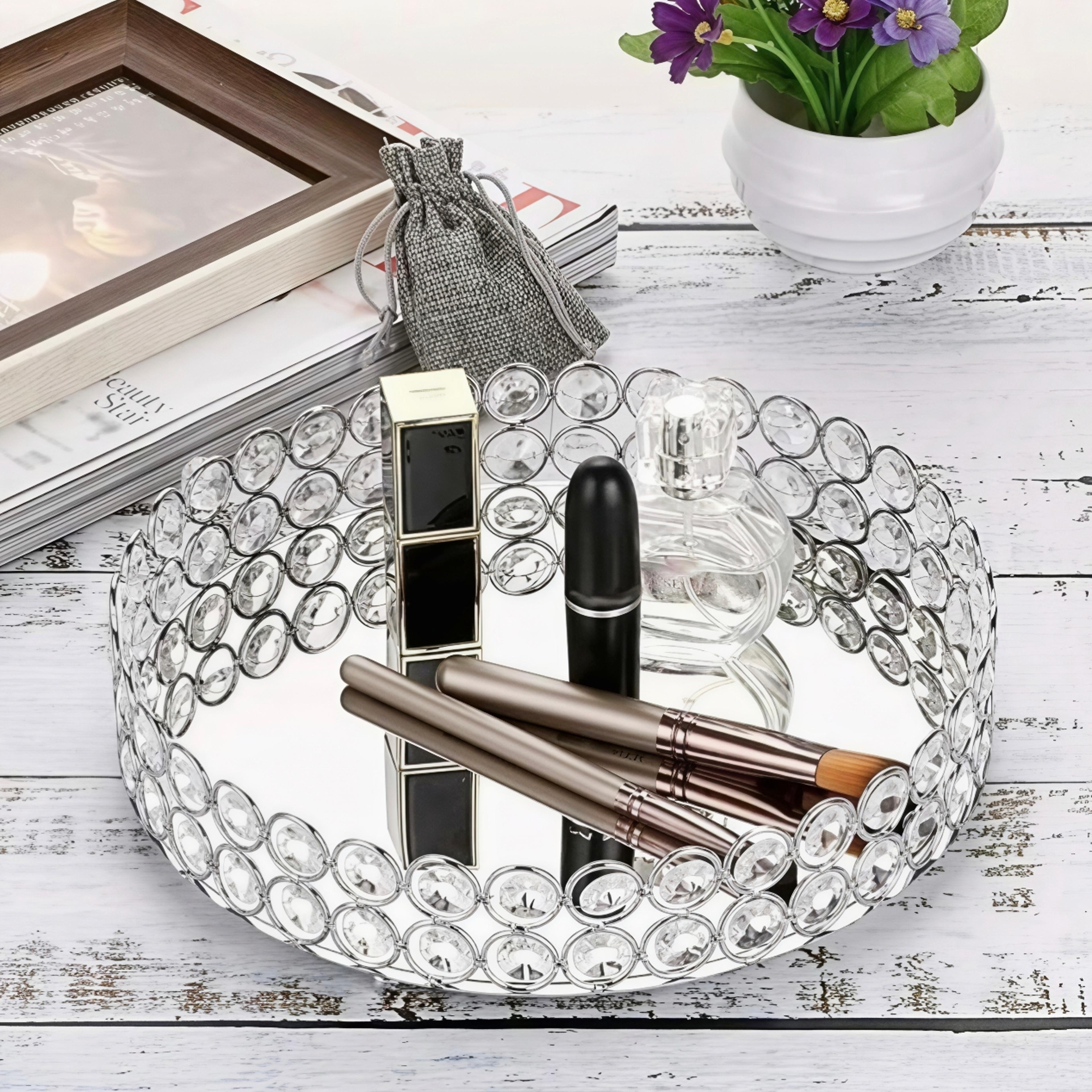 crystal vanity tray with mirror glass decorative perfume tray for makeup, jewelry & skincare
