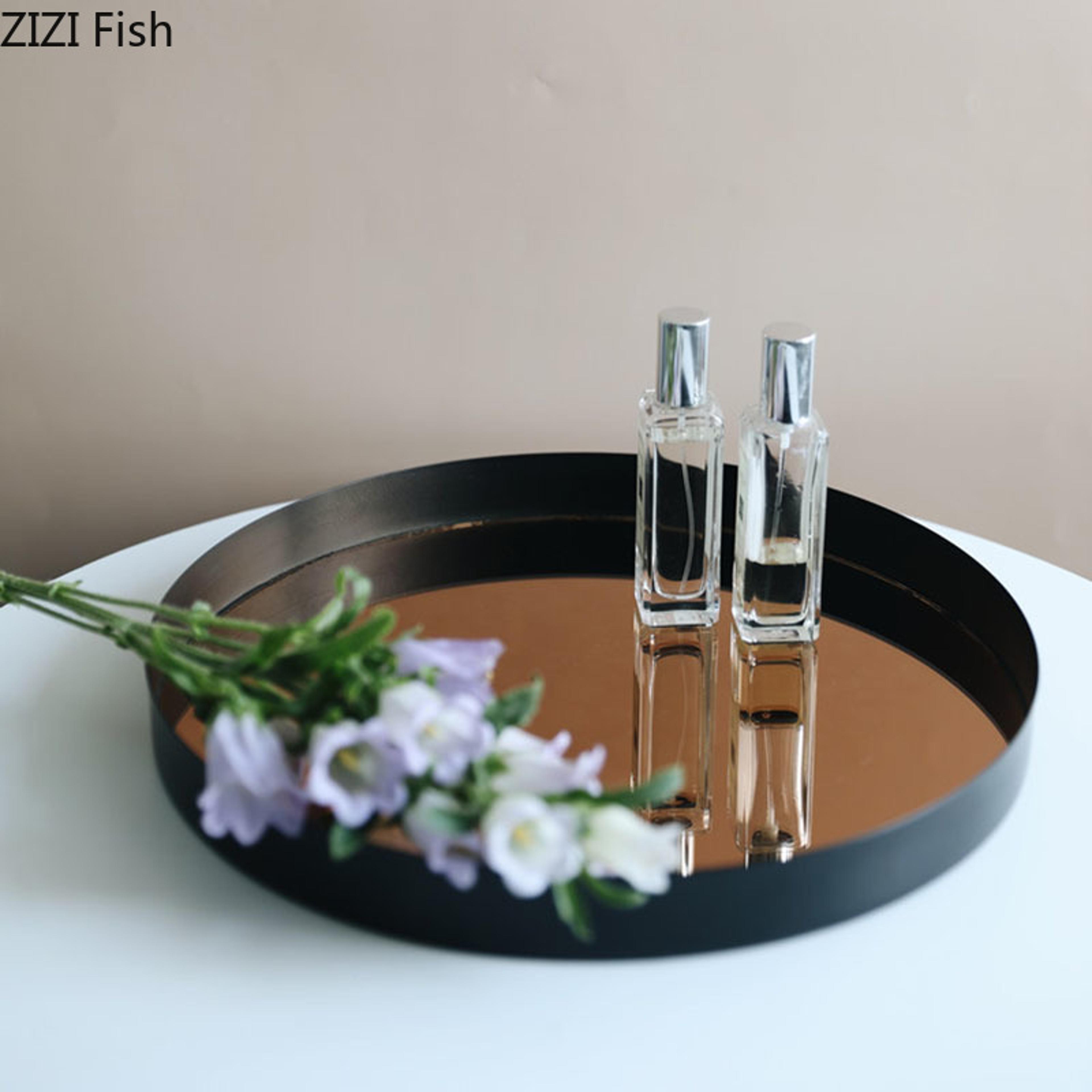 black mirrored vanity tray for jewelry, perfume and cosmetics