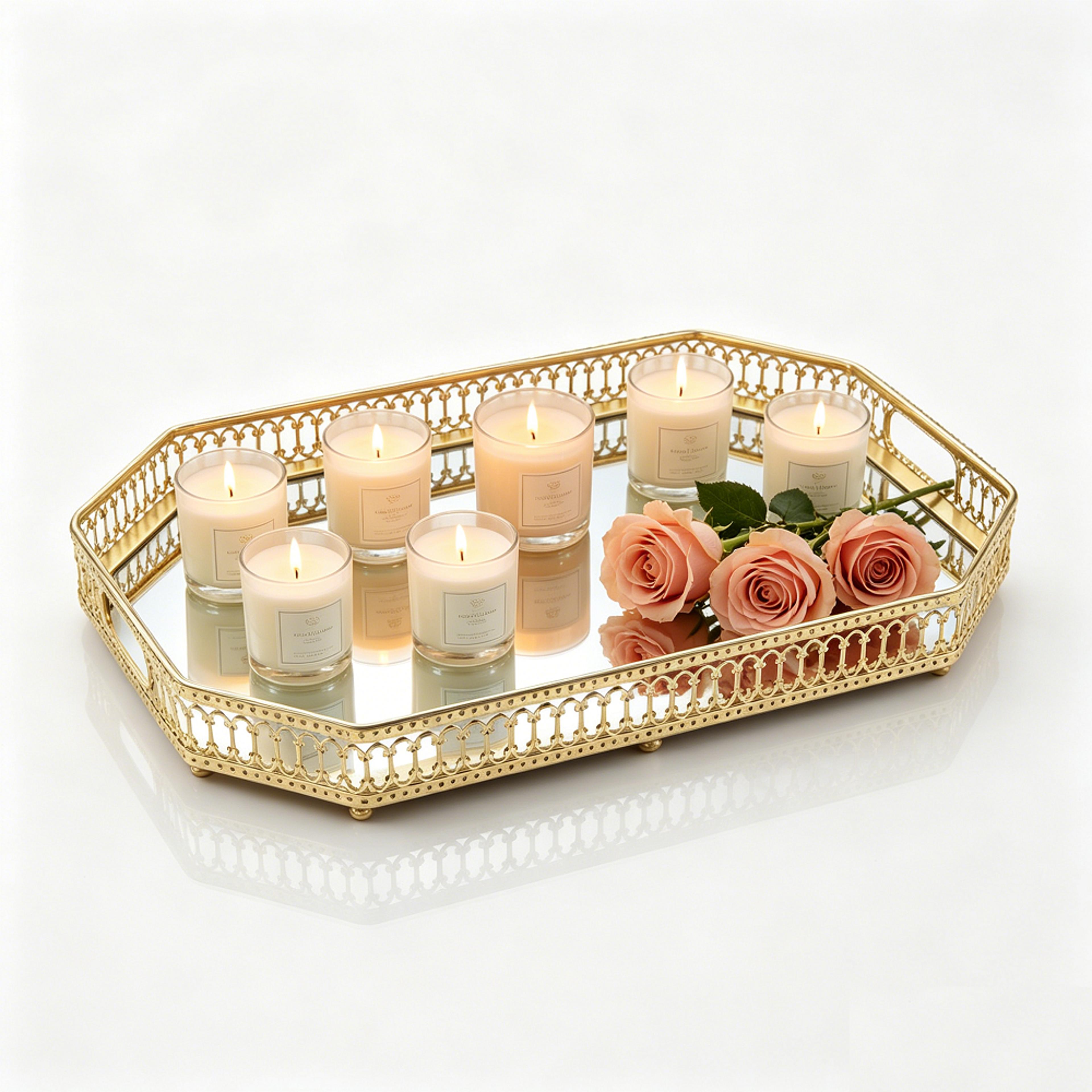 gold mirror vanity tray for perfume, jewelry and elegant dresser organization