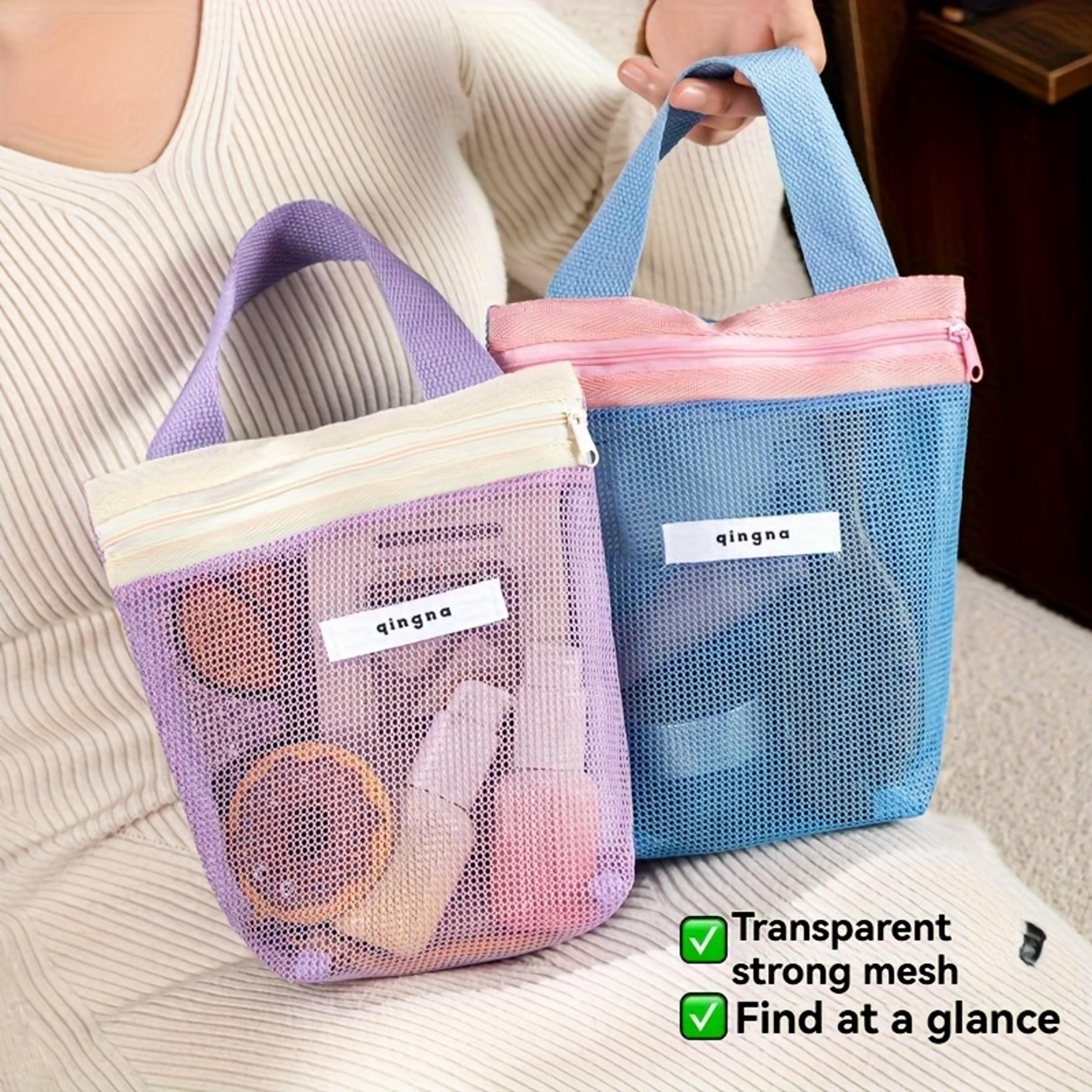 quick dry mesh beach bag with compartments, portable travel toiletry bag & pool organizer