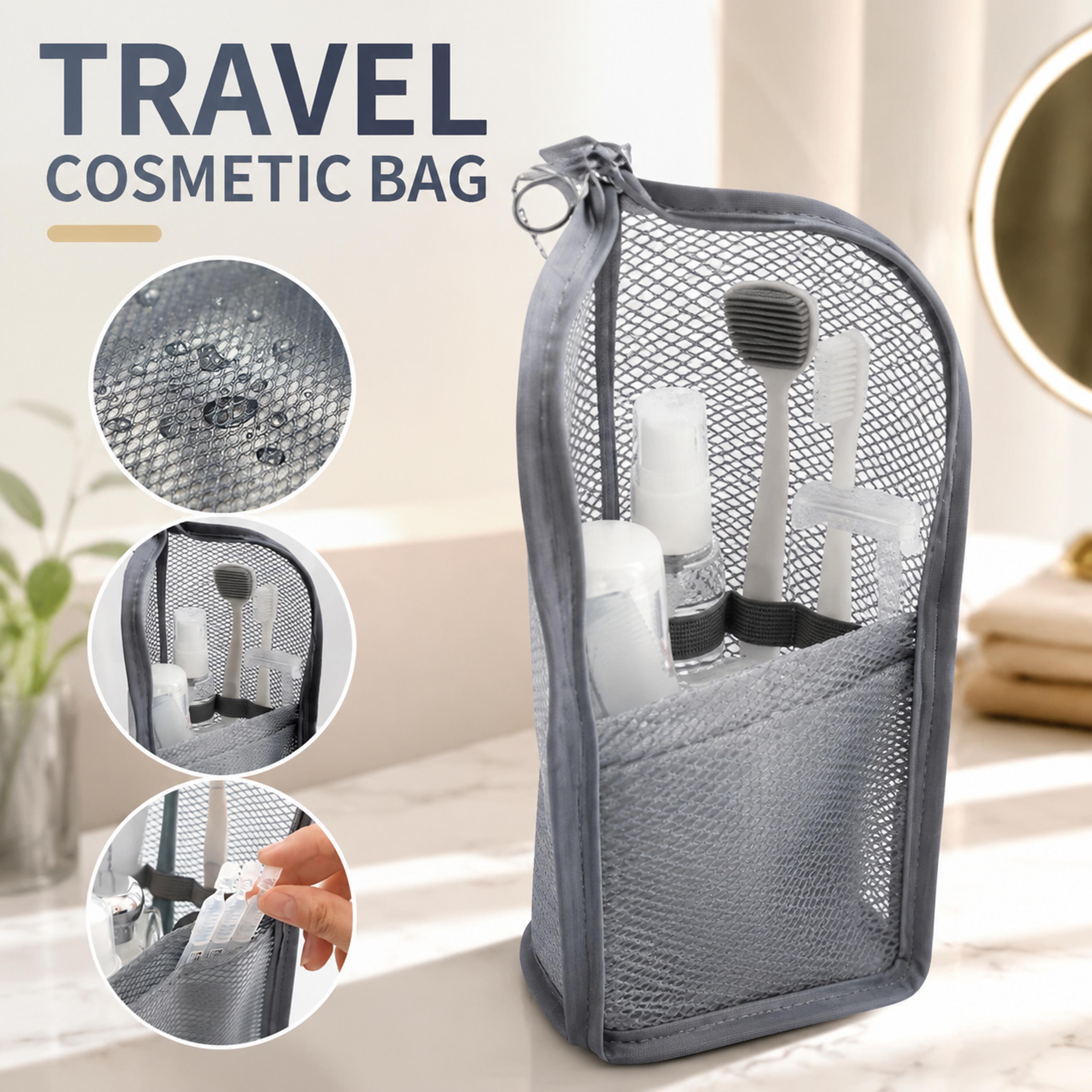 standing mesh toiletry bag, water resistant travel makeup organizer