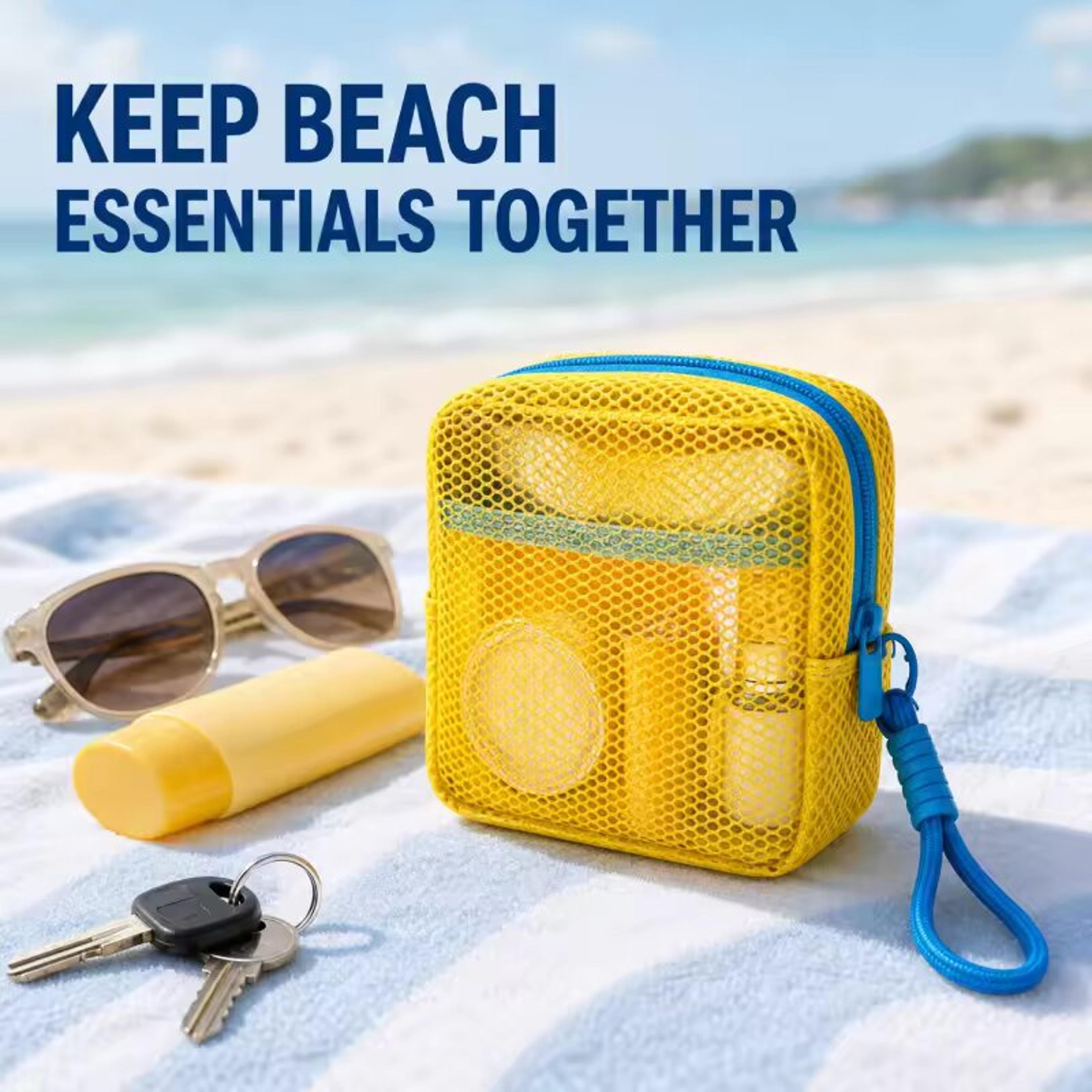 mesh beach pouch with detachable wrist strap clear travel cosmetic organizer