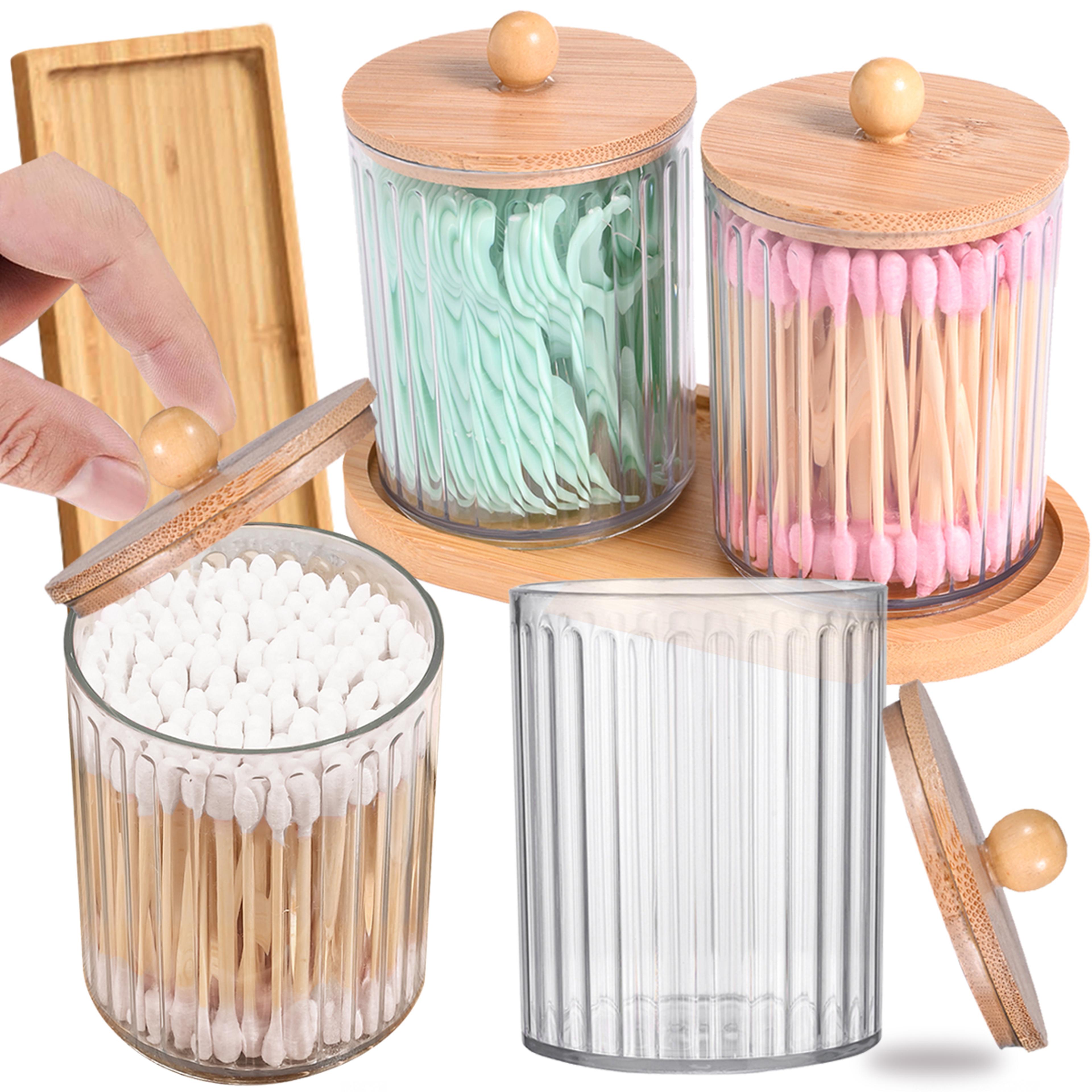 qtip holder and cotton pad holder with bamboo lids and vanity tray