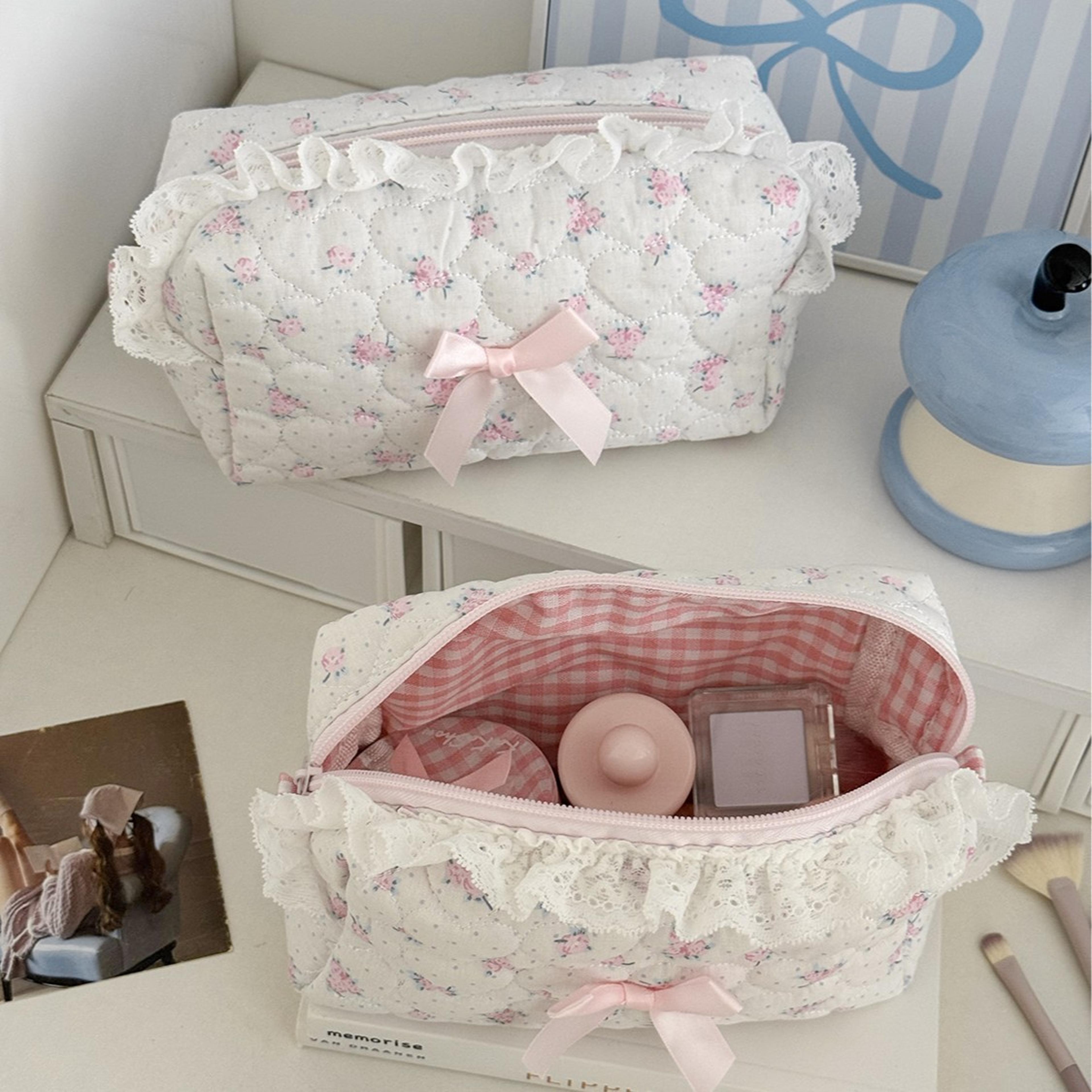 pink floral small makeup bag cute lace travel makeup organizer with bow