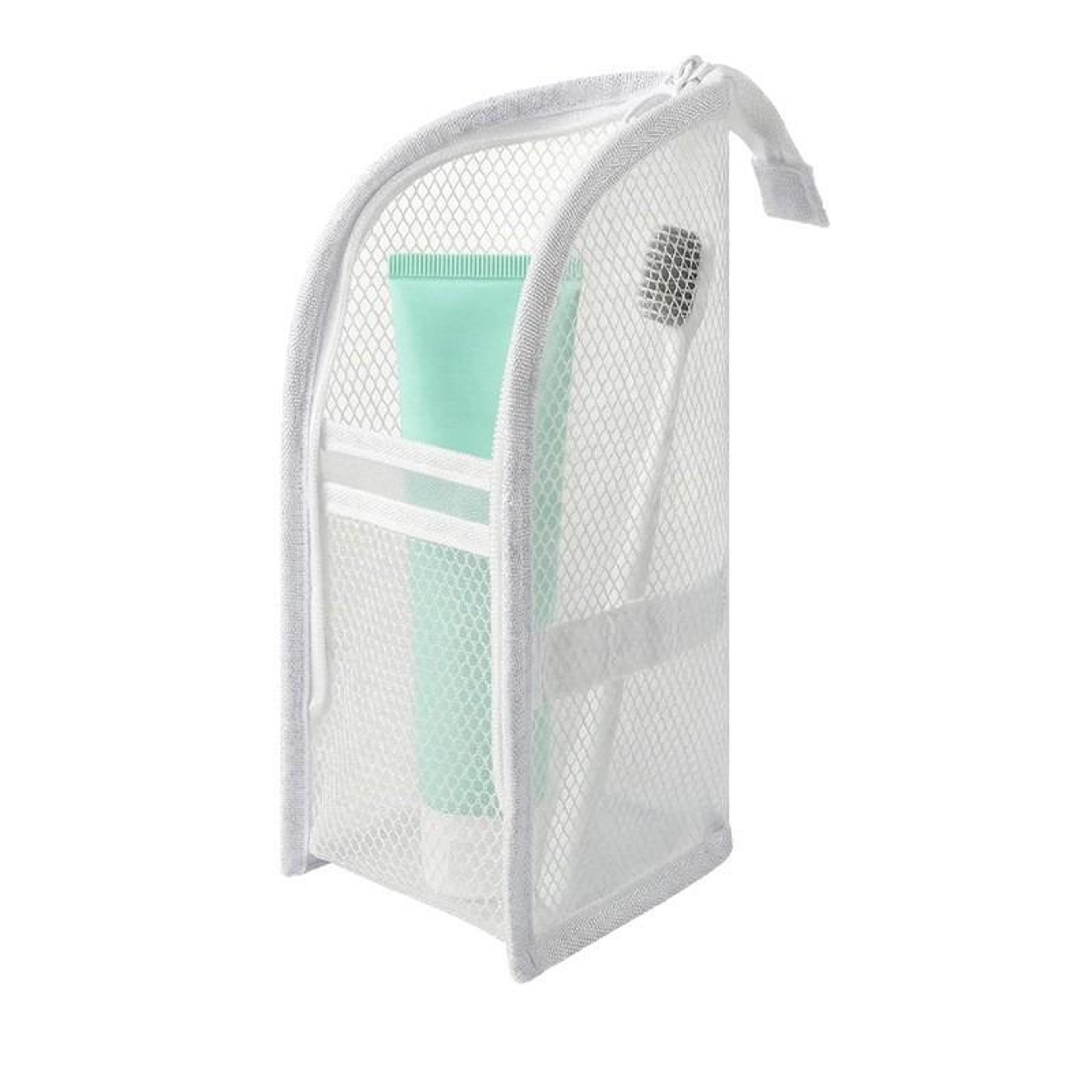 stand up travel toiletry bag with breathable mesh storage pockets