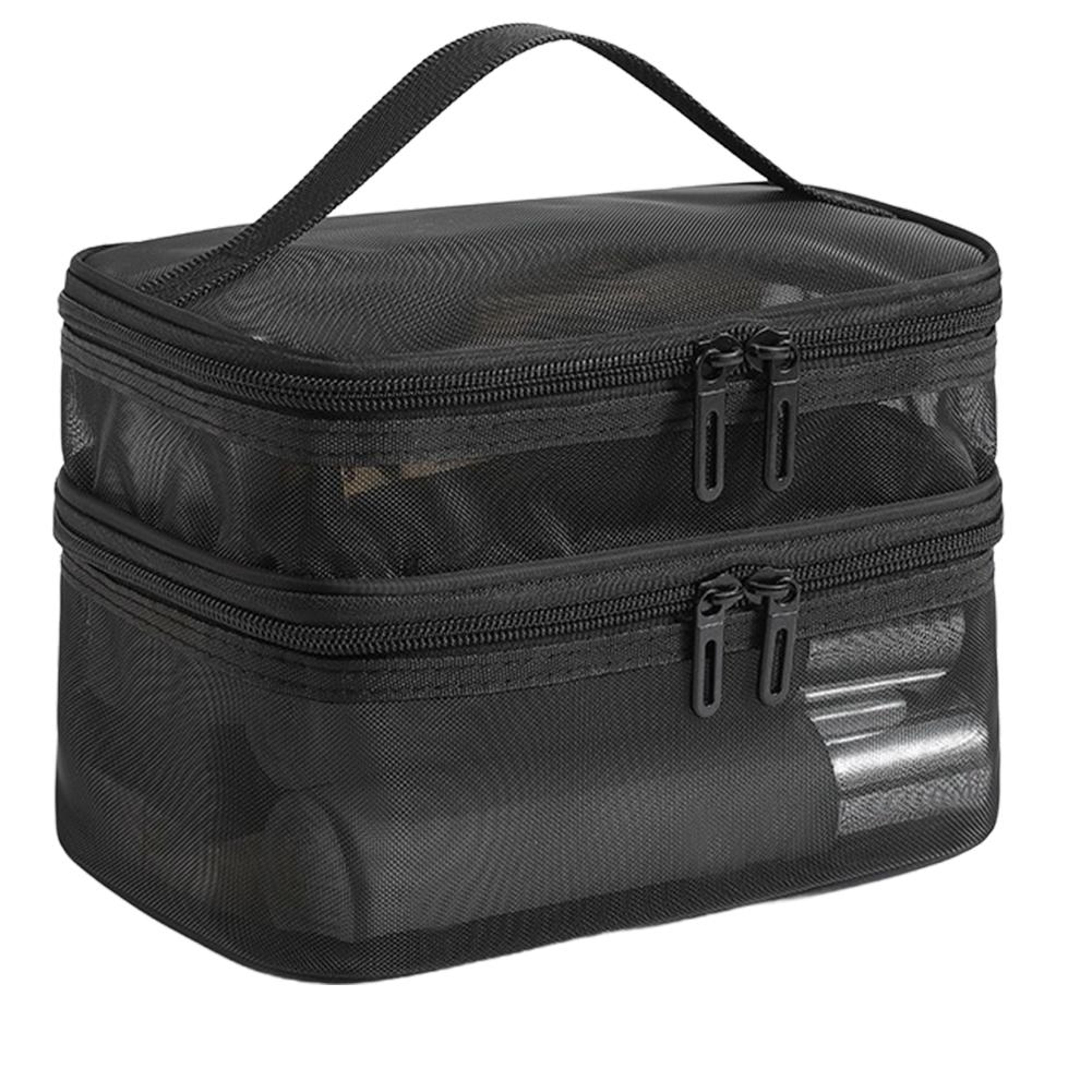 double layer travel makeup bag with mesh organizer and dual zip storage
