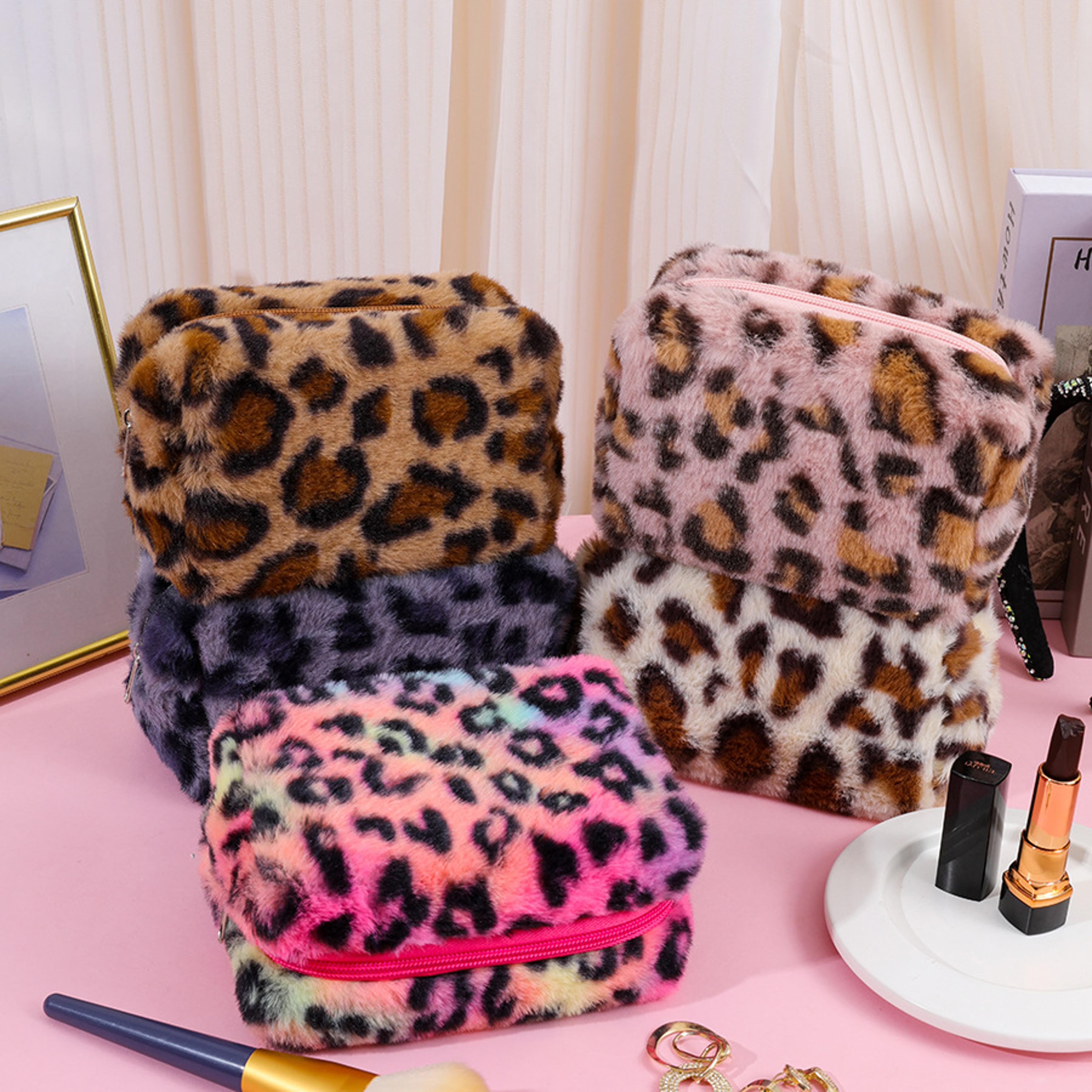 leopard print plush makeup bag soft travel cosmetic organizer & toiletry pouch