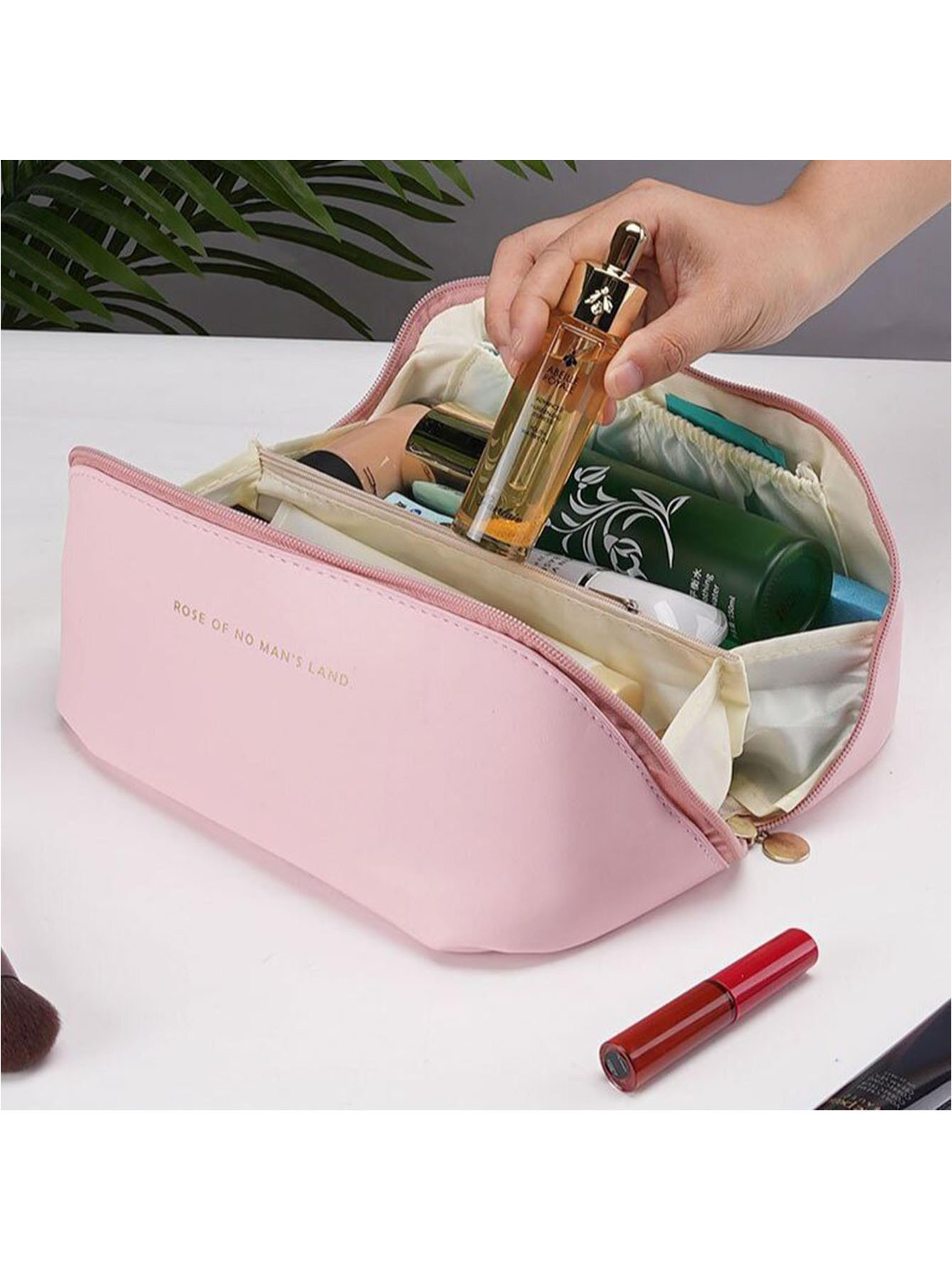 large travel makeup bag for women, leather cosmetic organizer and toiletry case