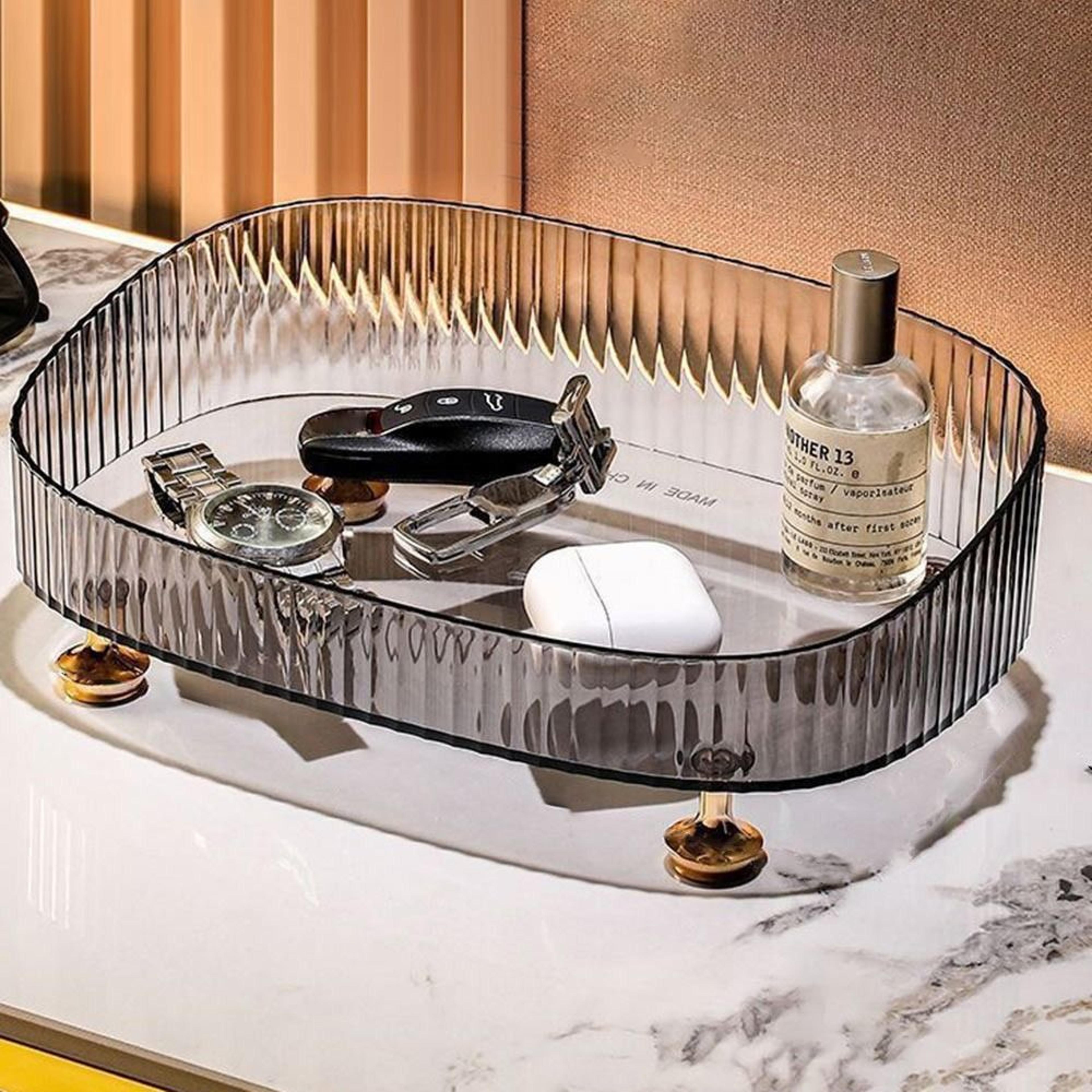 luxury makeup organizer and perfume organizer with clear vanity tray and gold stand