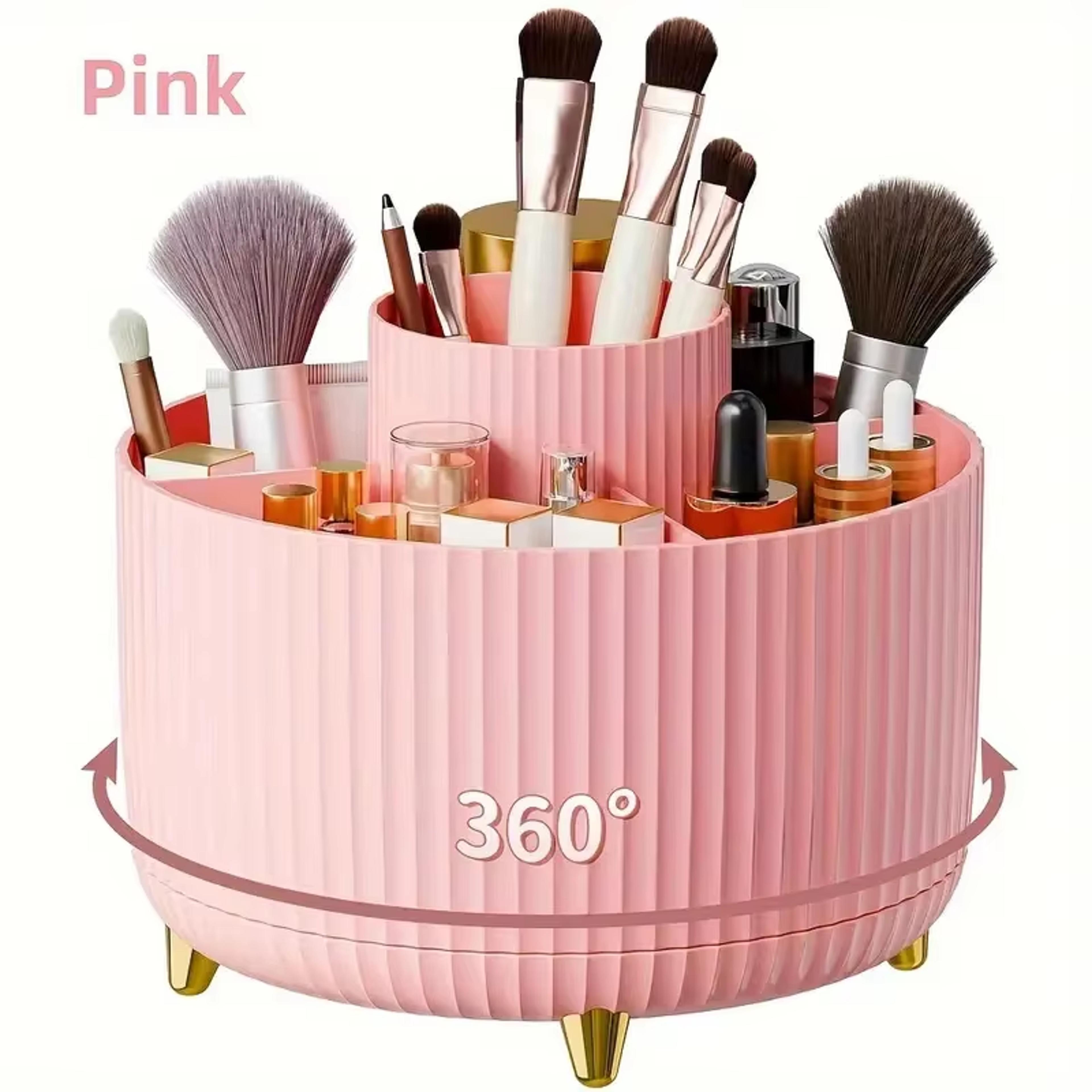 rotating makeup organizer with makeup brush holder and perfume tray