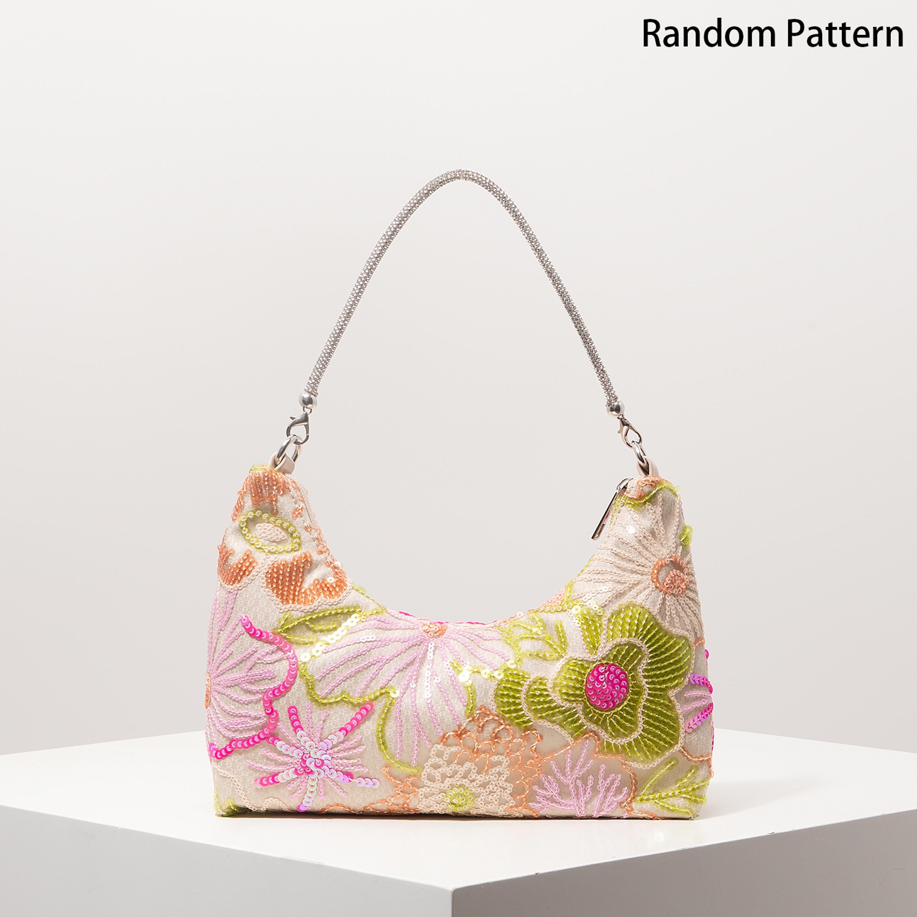 floral sequin shoulder bag for women, embroidered evening party purse