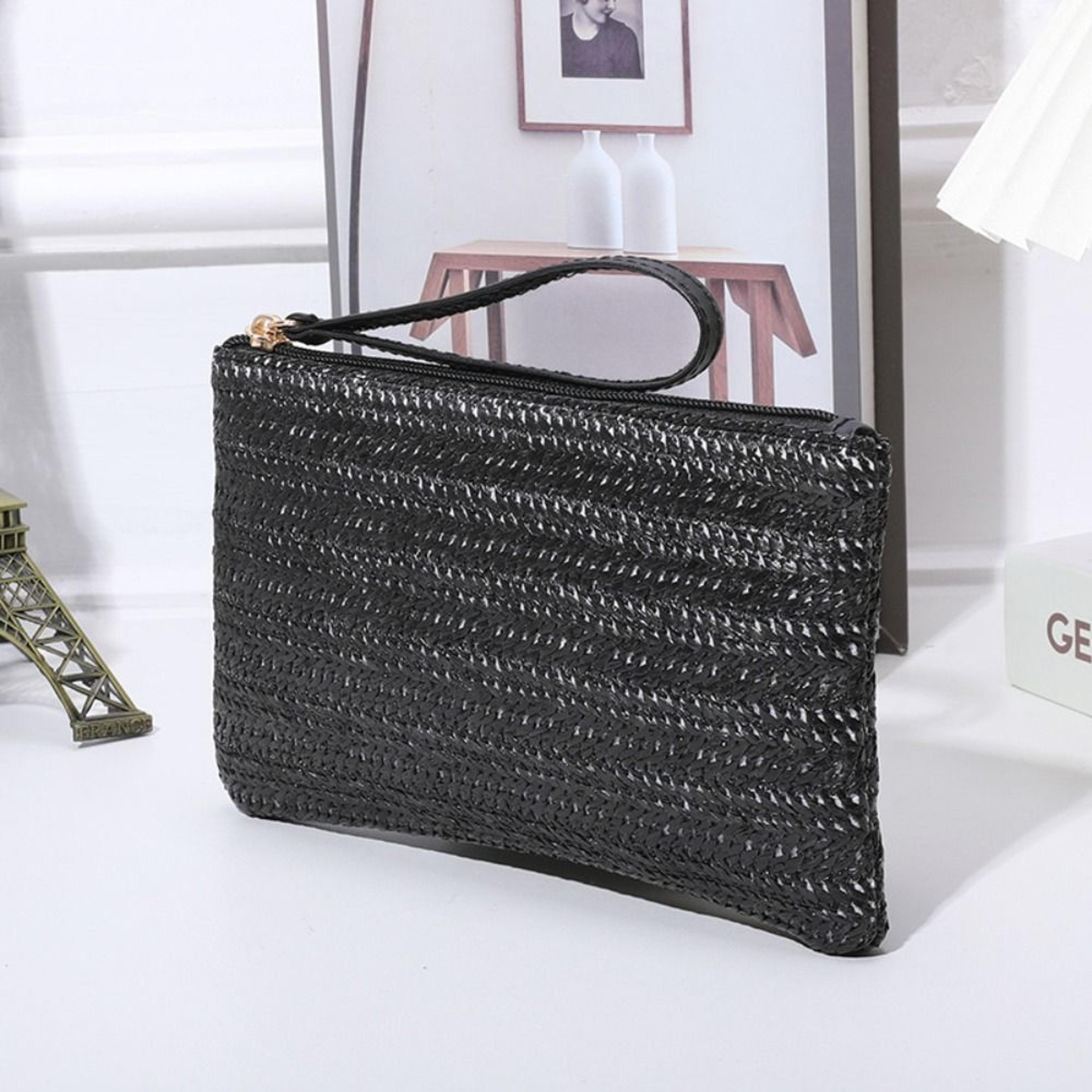 woven straw wristlet clutch for women, beach wallet and phone purse