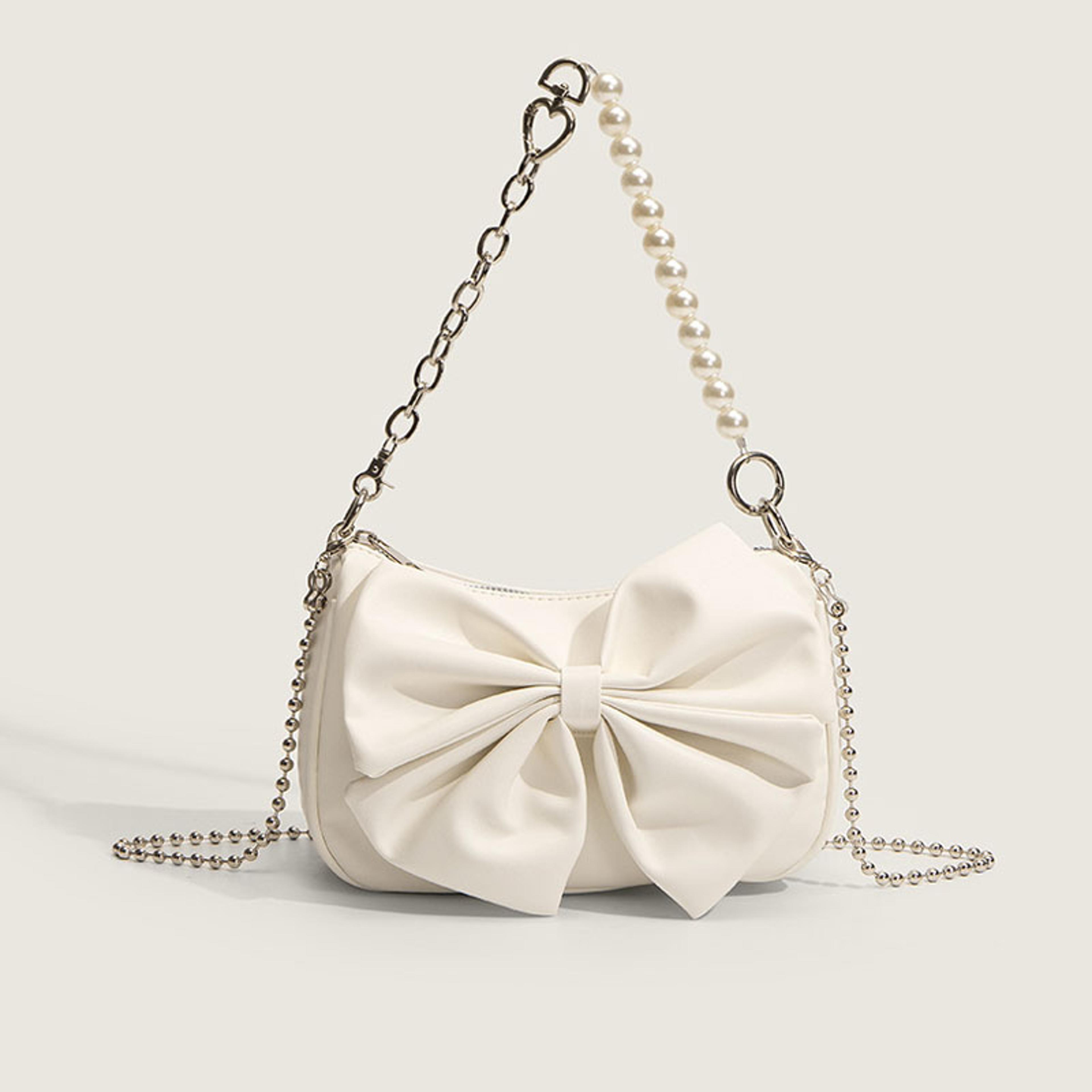 pearl chain bow shoulder bag chic pu leather underarm purse for women