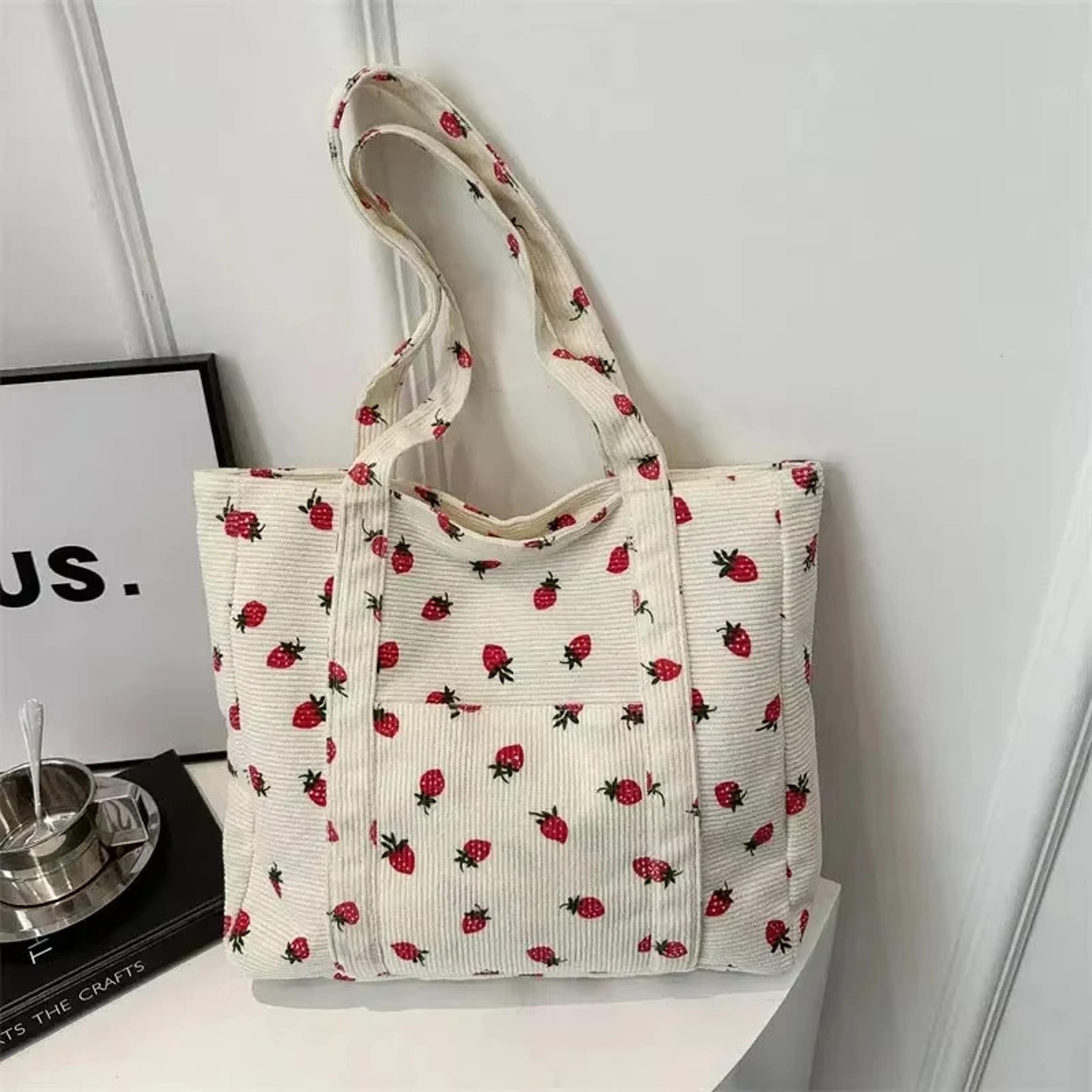 strawberry corduroy tote bag for women large capacity shoulder bag