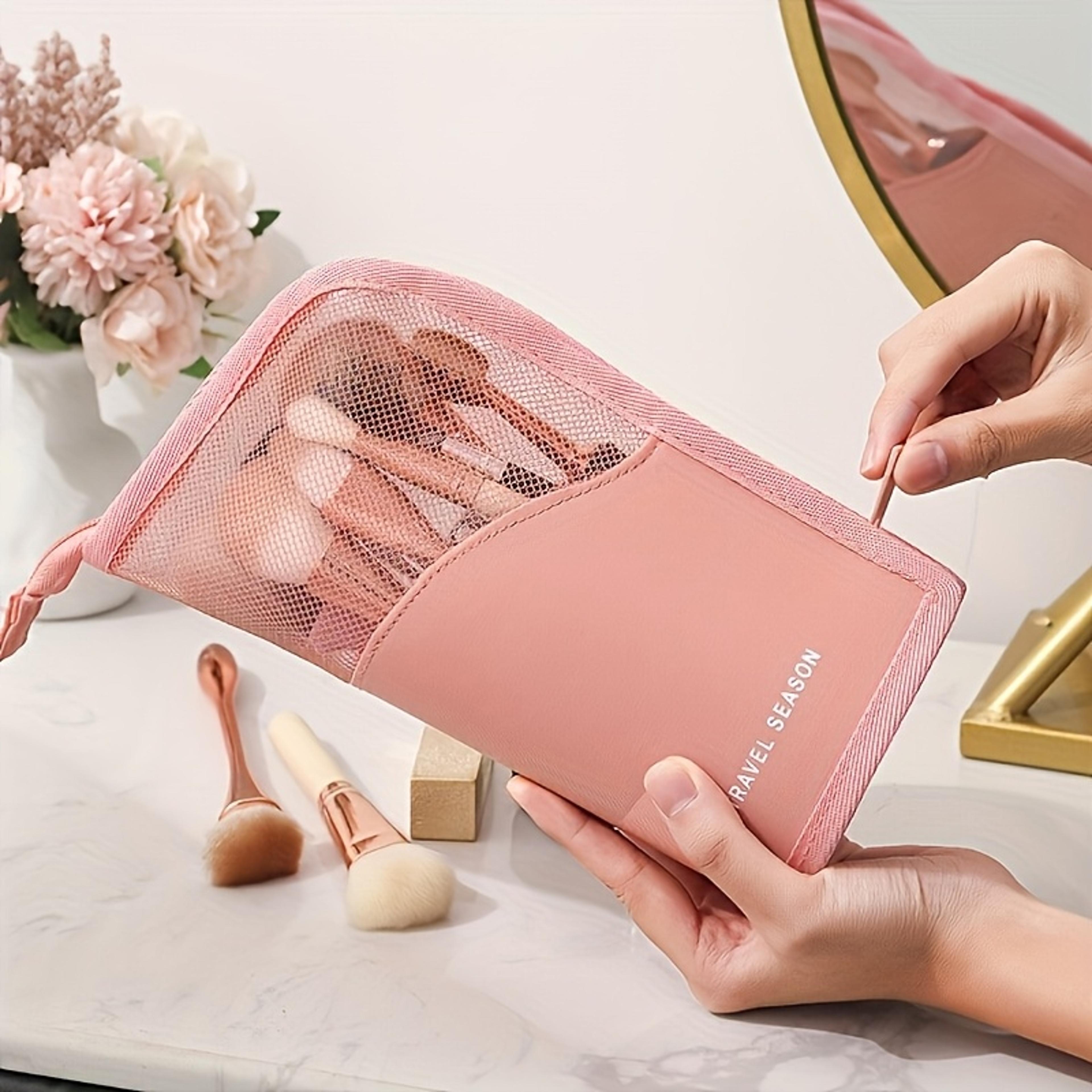 vertical makeup organizer bag for brushes, brow pencils and travel essentials