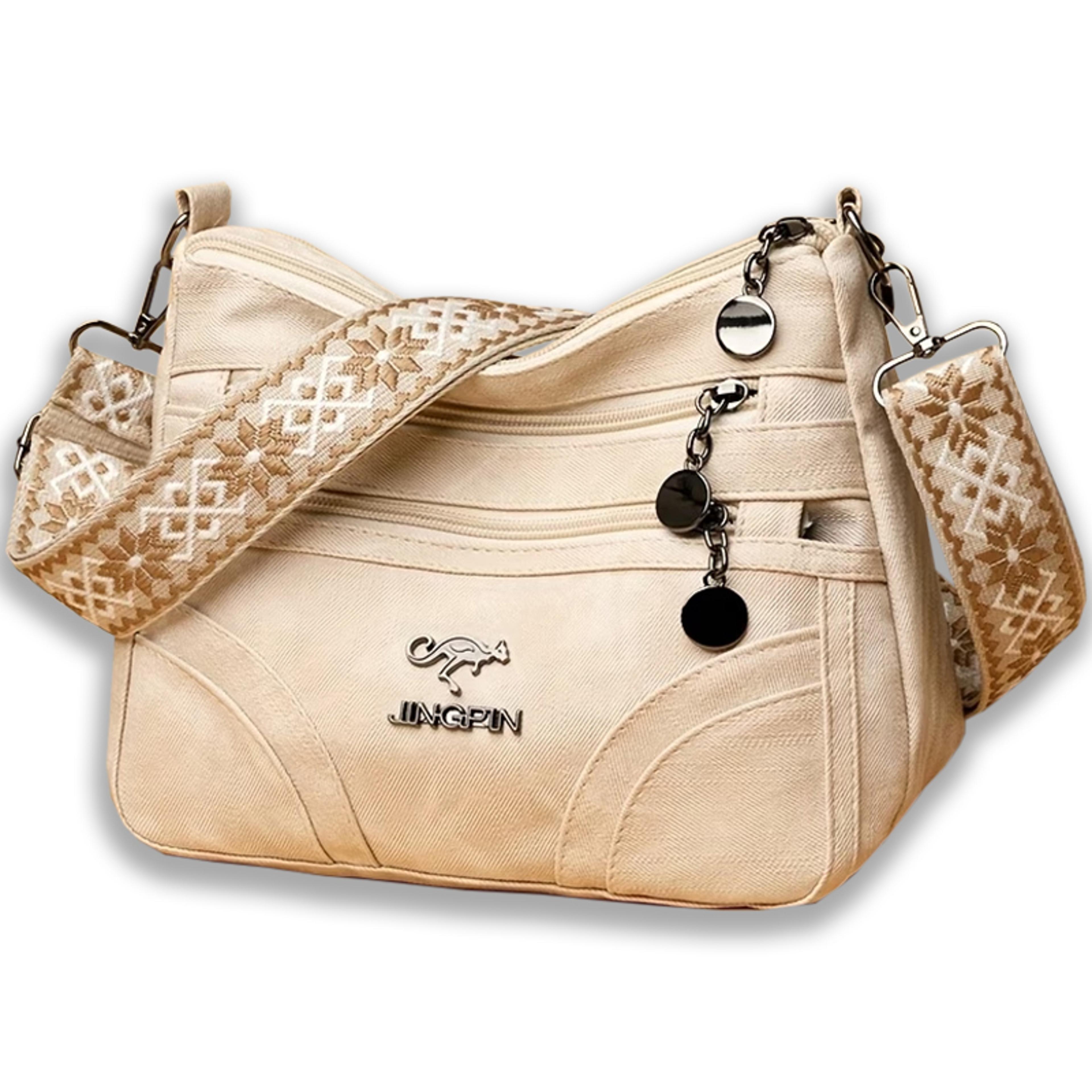 vintage grey canvas crossbody bag for women with multi pocket storage and patterned strap