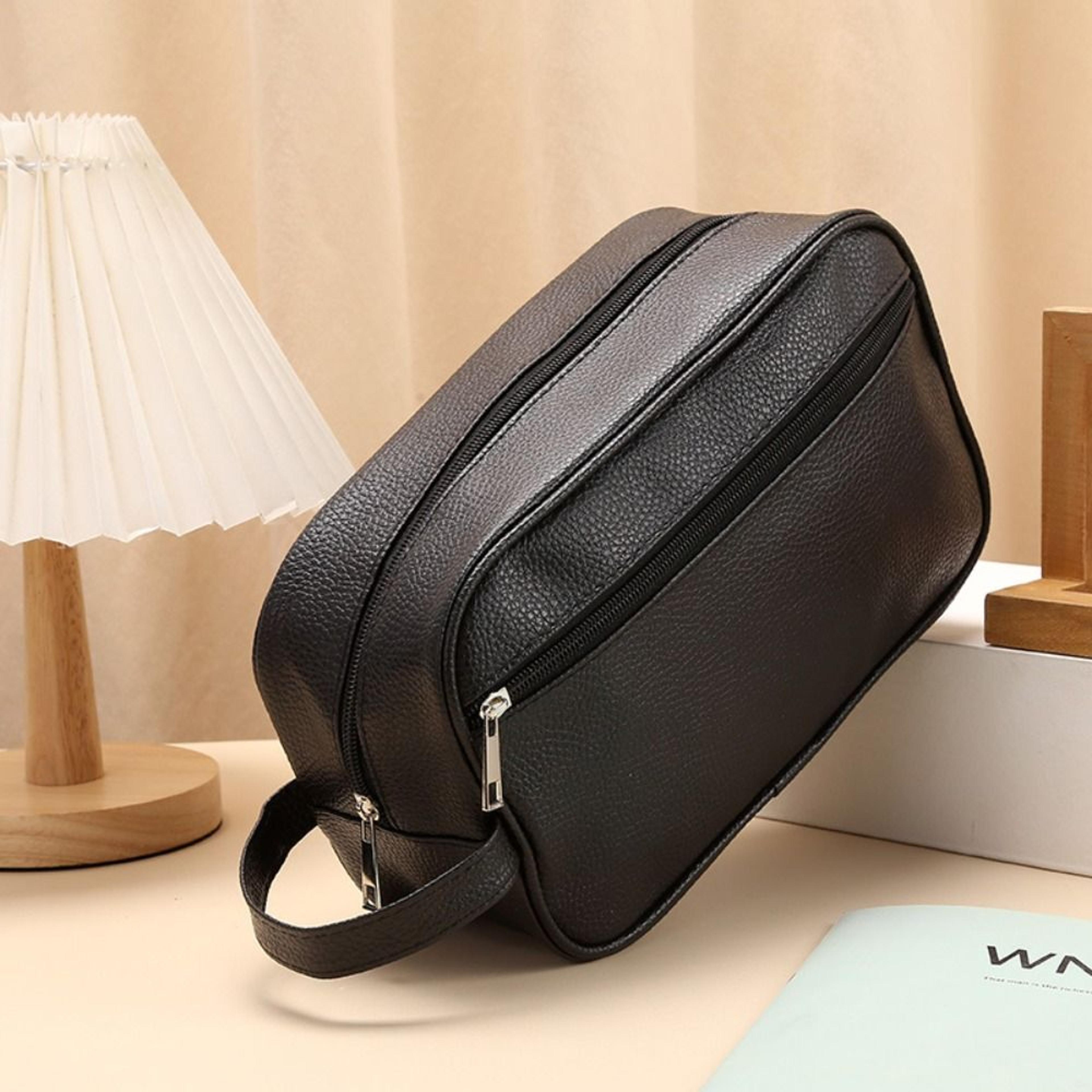 mens large capacity travel toiletry bag in pu leather with zipper grooming organizer