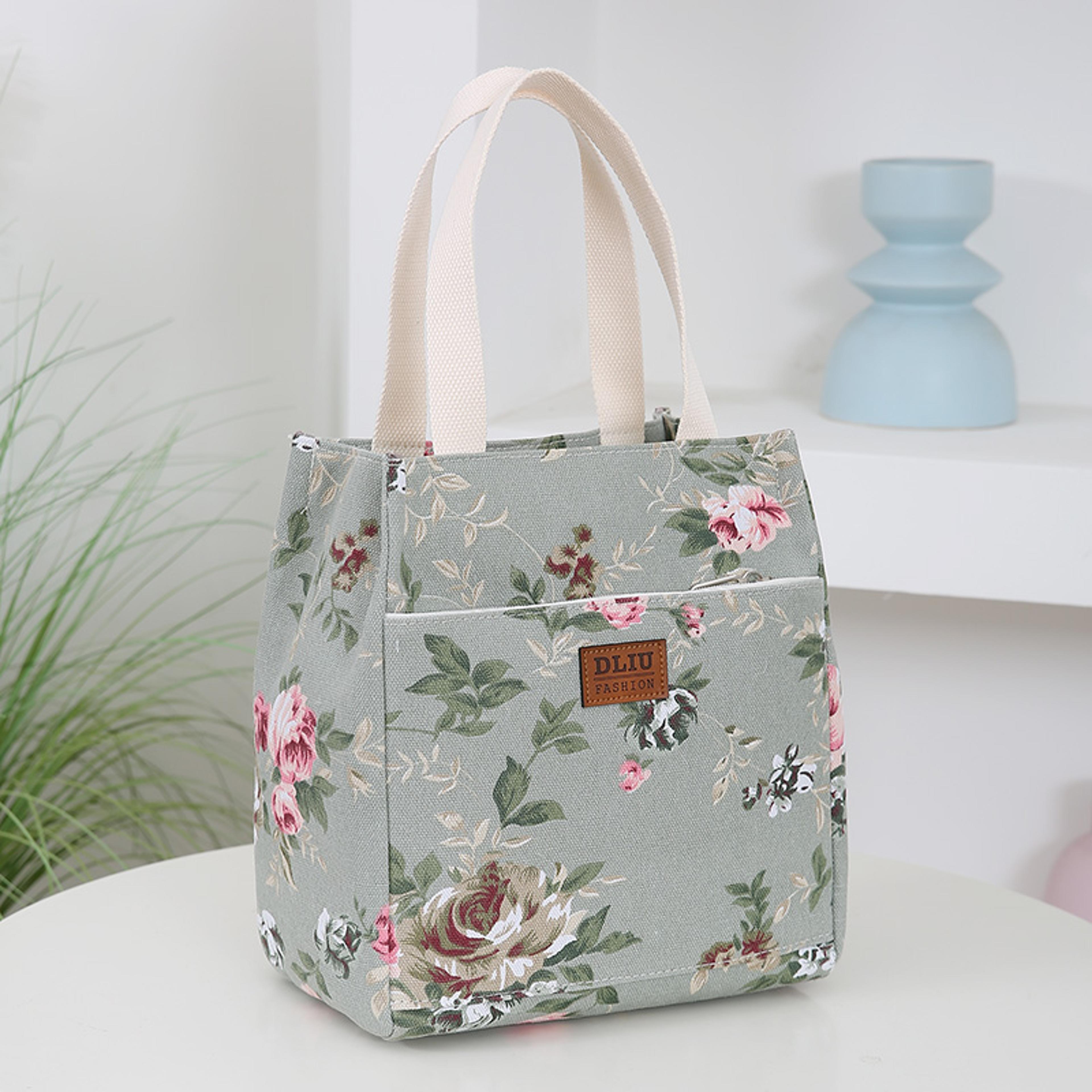 floral canvas tote bag for women with multi pocket storage and zipper closure